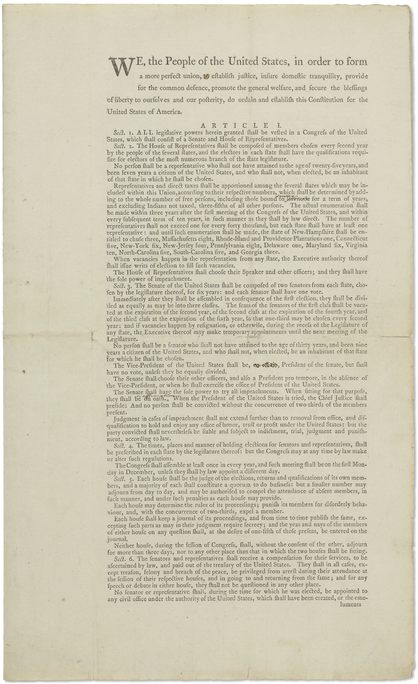 A printed page showing the beginning text of the United States Constitution.