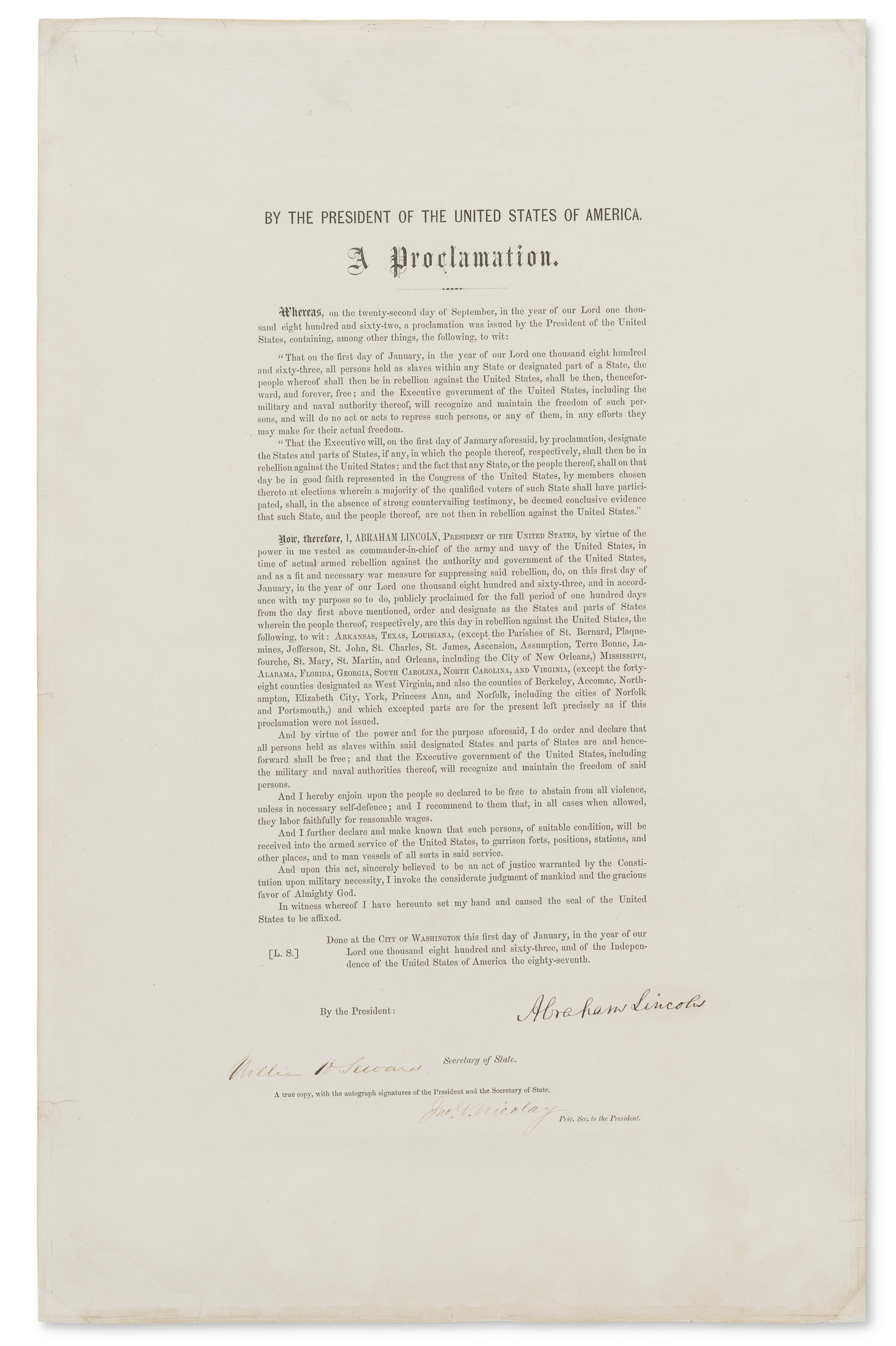 A historical document titled "A Proclamation" signed by Abraham Lincoln, President of the USA.