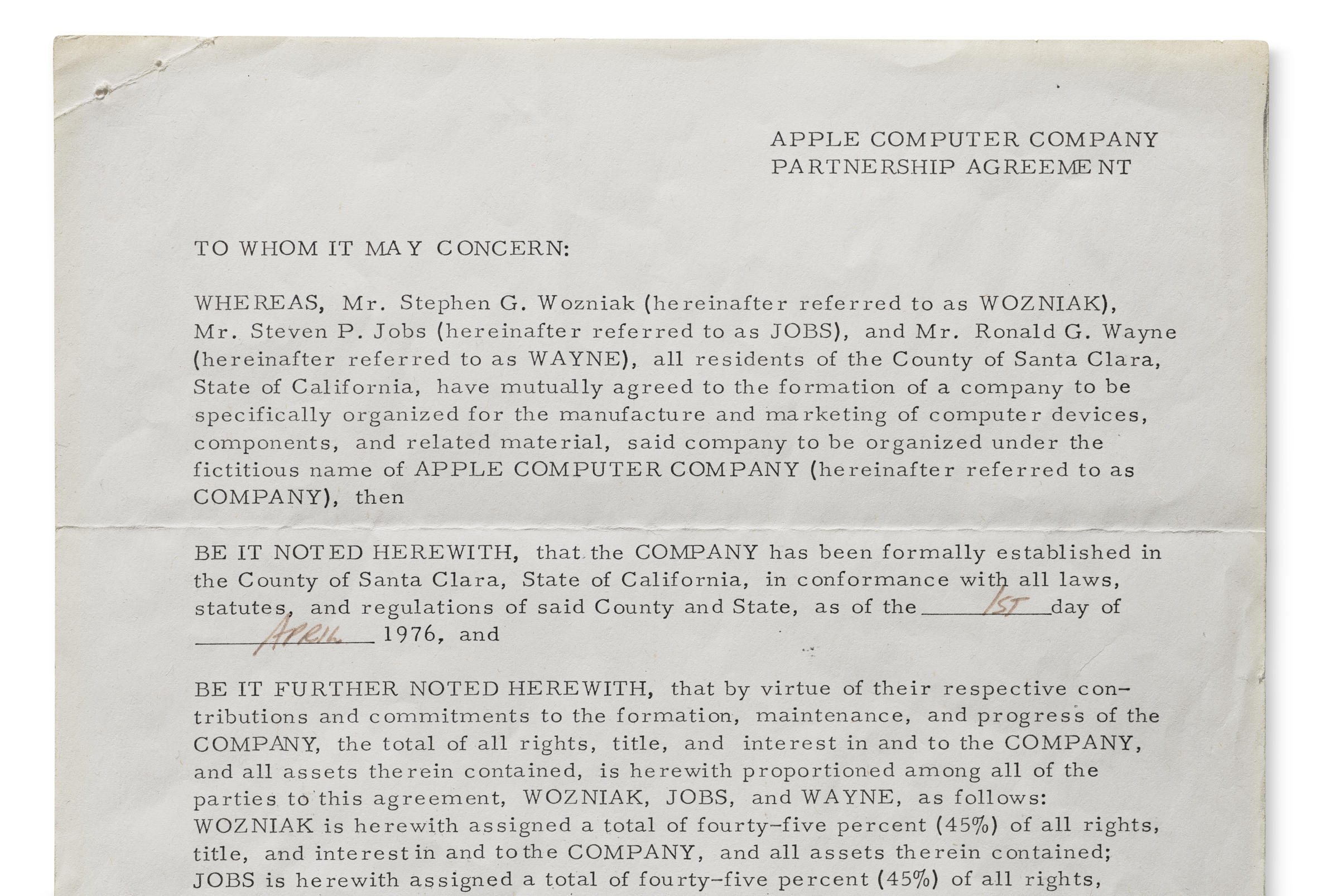 A document titled "Apple Computer Company Partnership Agreement" detailing the company's founding.