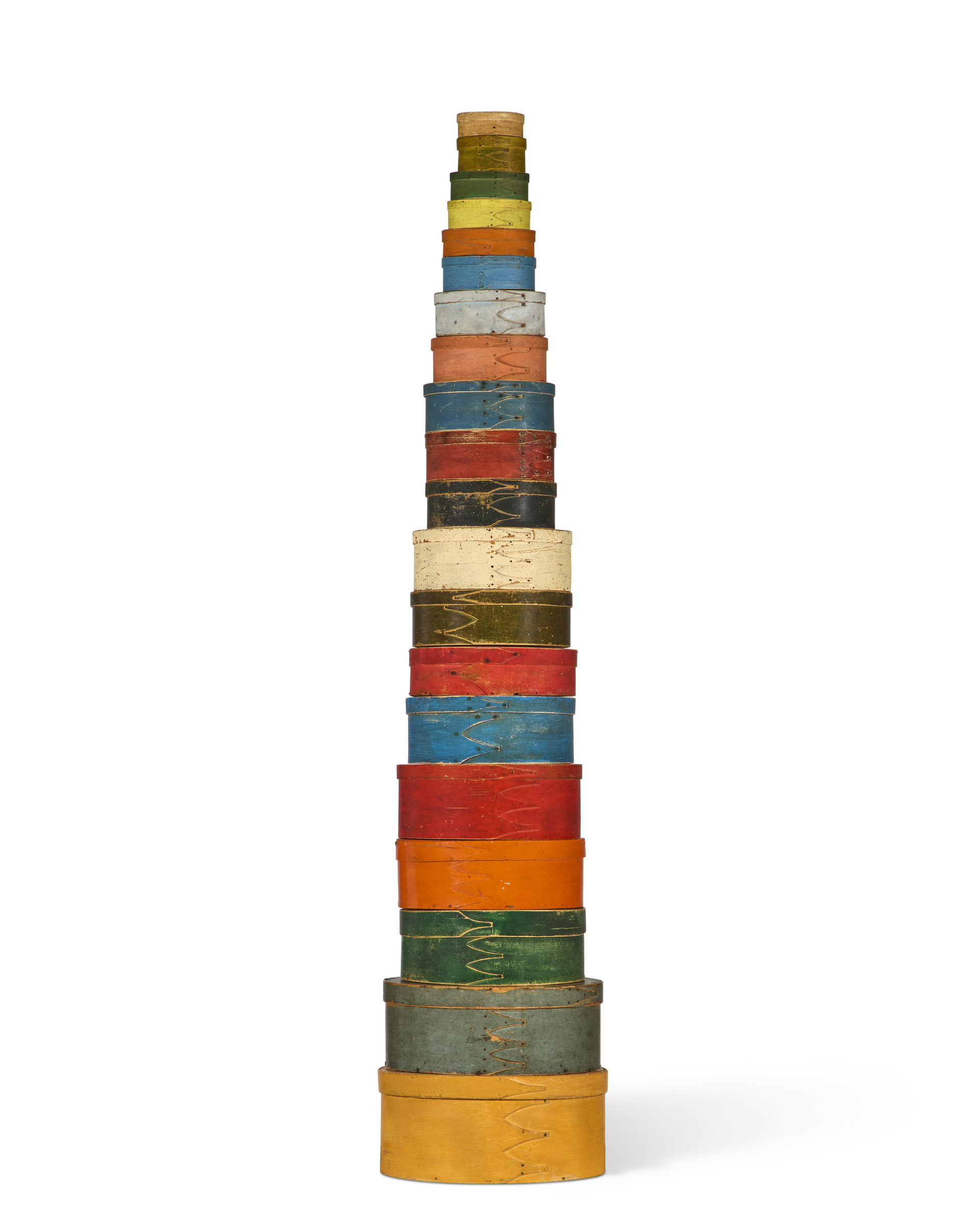 A tall stack of colorful, round, nested boxes arranged from largest to smallest.