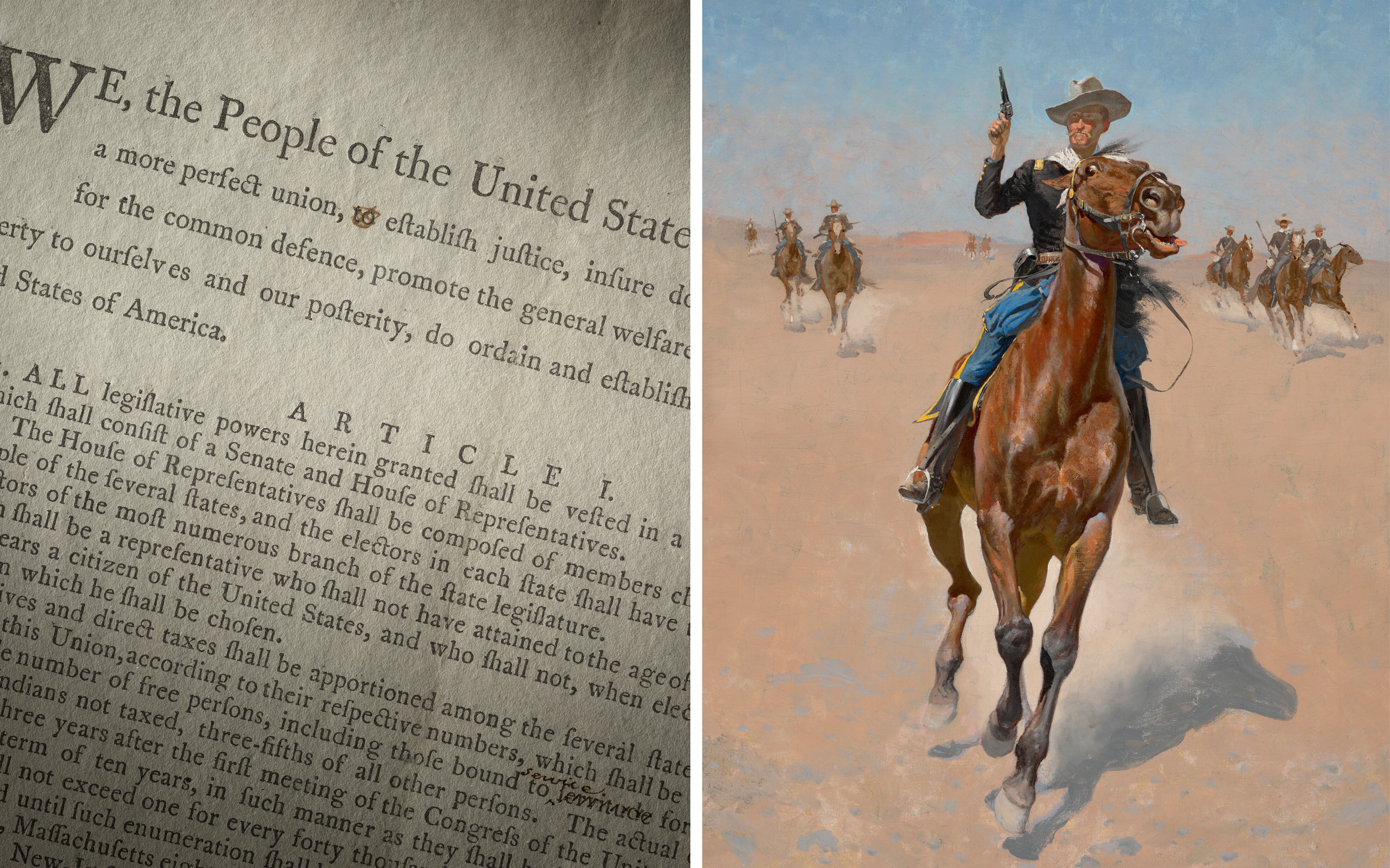 The image shows a close-up of the U.S. Constitution and a cowboy riding a horse with others in the distance.