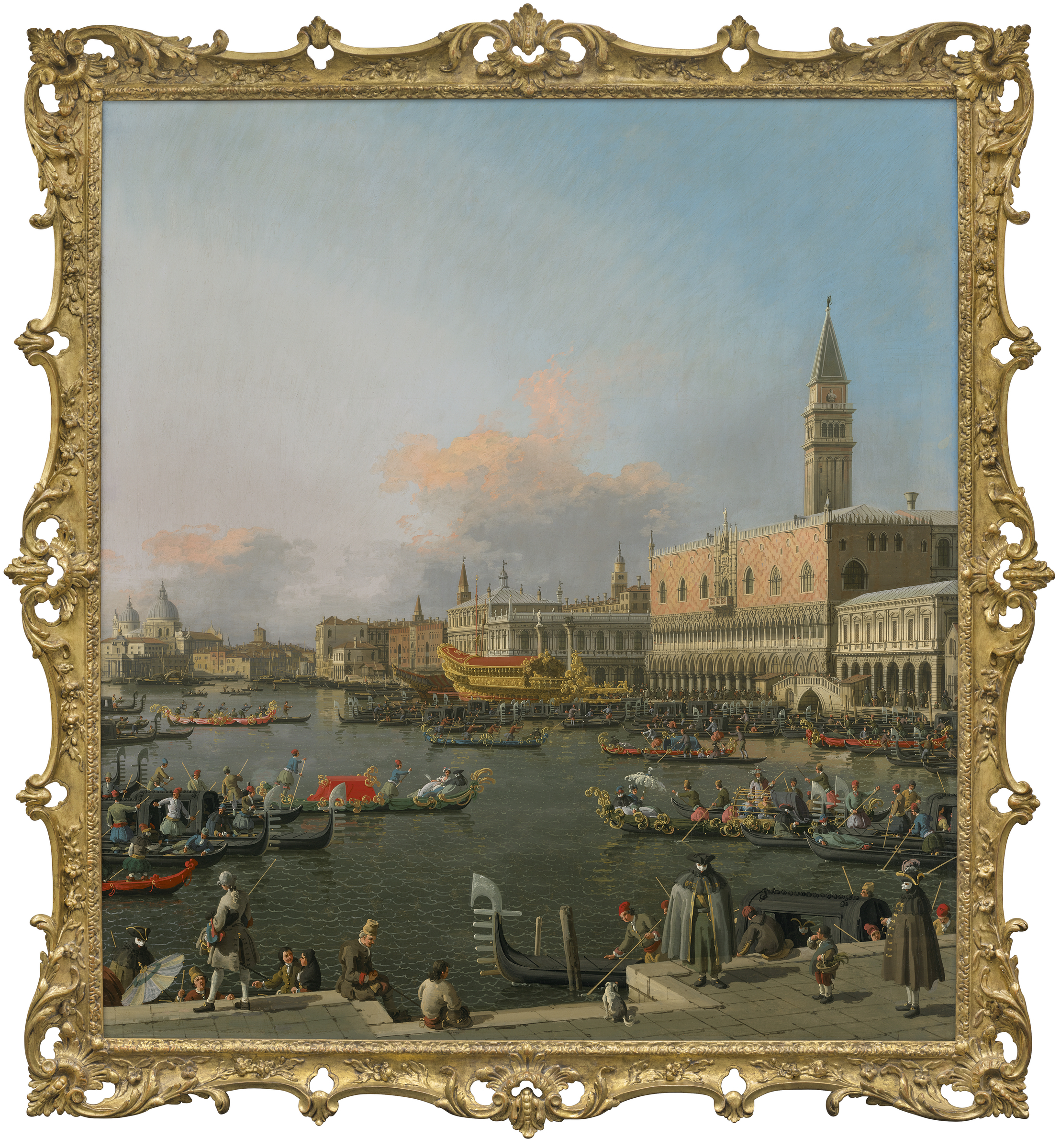 A lively Venetian canal scene with gondolas, people, and ornate buildings in the background.