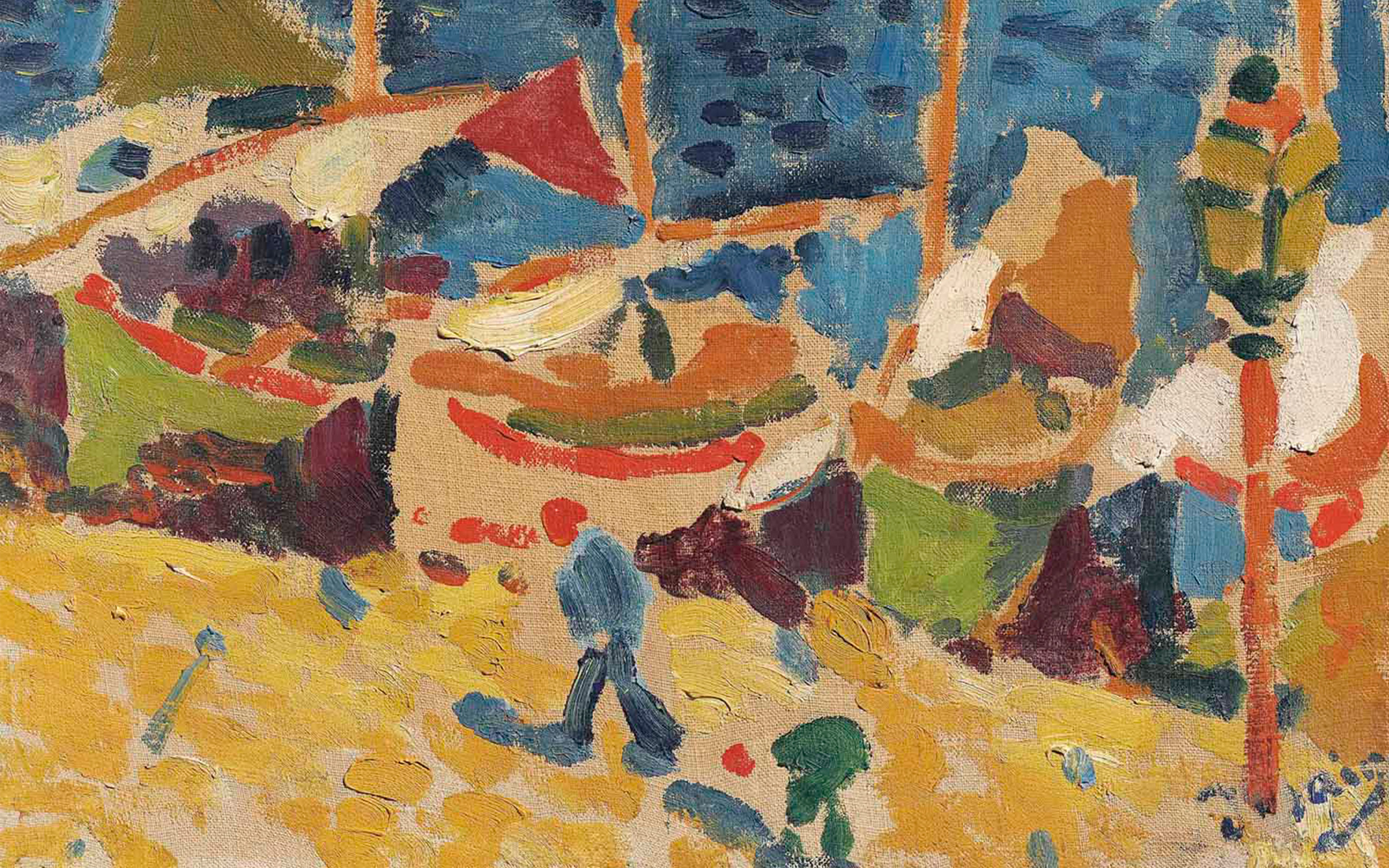 A colorful abstract painting depicts boats by the water and a person walking on a yellow ground.