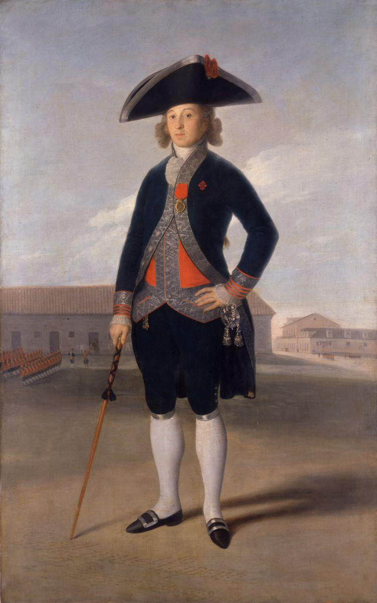 A person in 18th-century military attire holds a staff and stands confidently in an open courtyard.