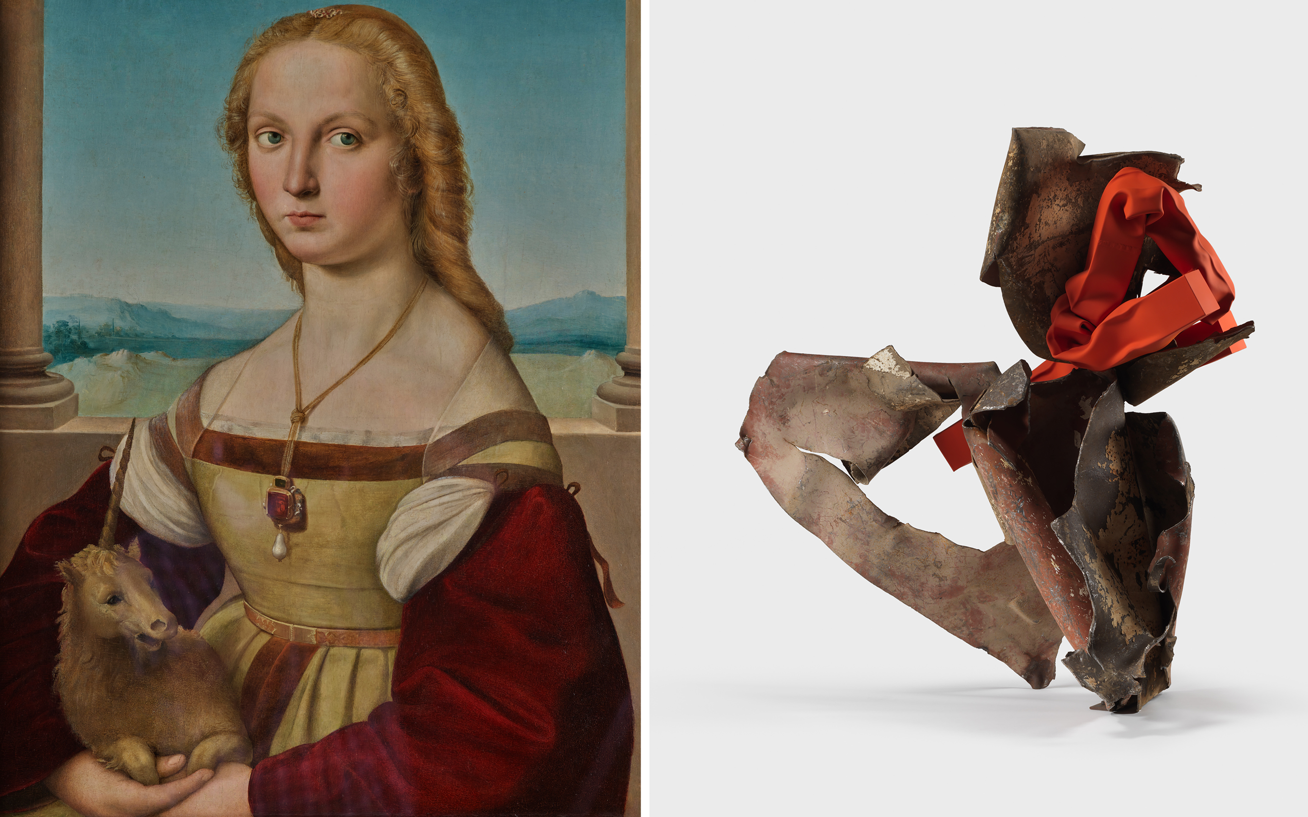 On the left is a classical painting of a woman holding a small animal, and on the right is an abstract metal sculpture.