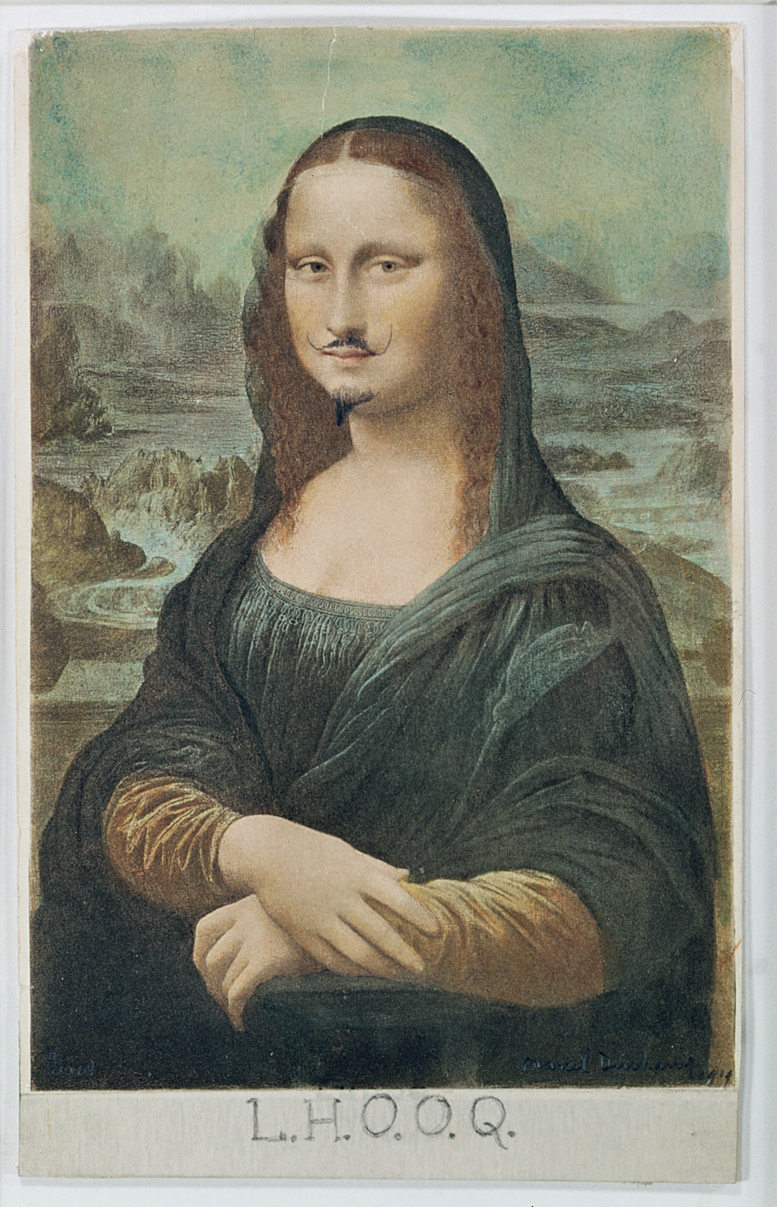 A parody of the Mona Lisa with the letters "L.H.O.O.Q." written at the bottom of the artwork.