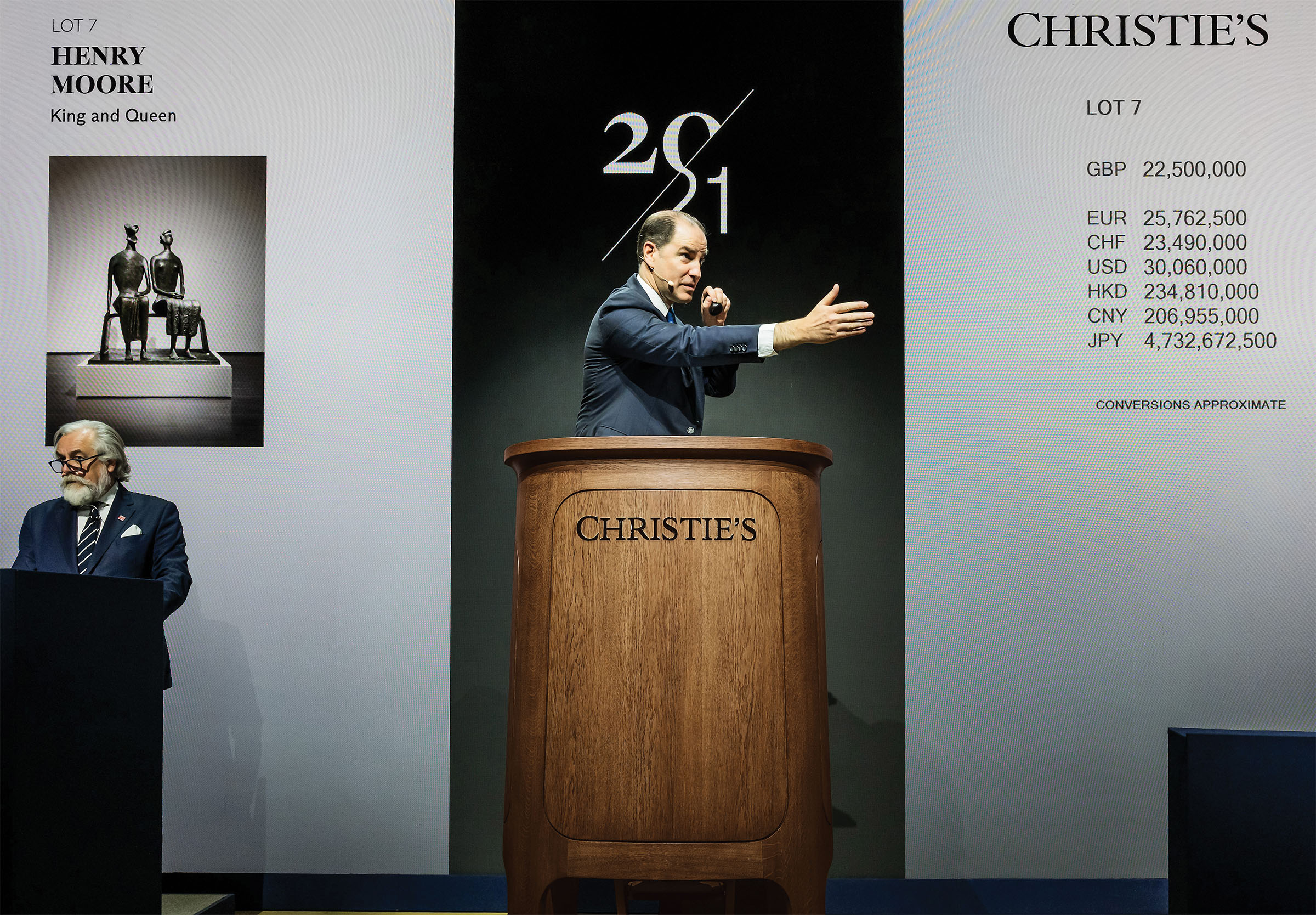 Meyer still finds time to conduct auctions at Christie's salerooms in New York, London, Paris and Hong Kong. Here, he sells Henry Moore's King and Queen (1952-53), which achieved a world auction record of £26,345,000 on 5 March 2026 at Christie's in London
