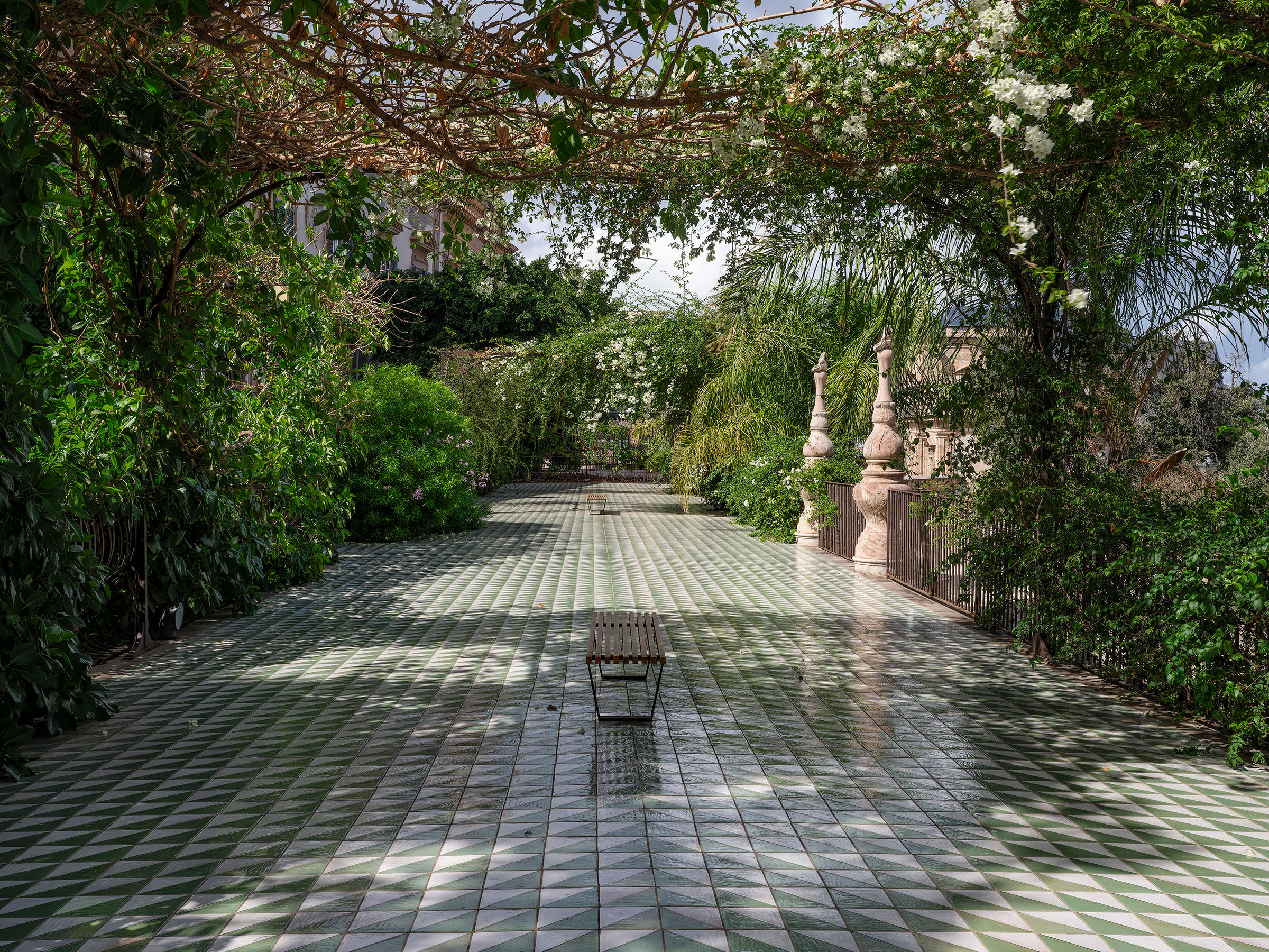 Some 45,000 white and green tiles line the terrace of Palazzo Butera, which overlooks the Gulf of Palermo towards the Tyrrhenian Sea