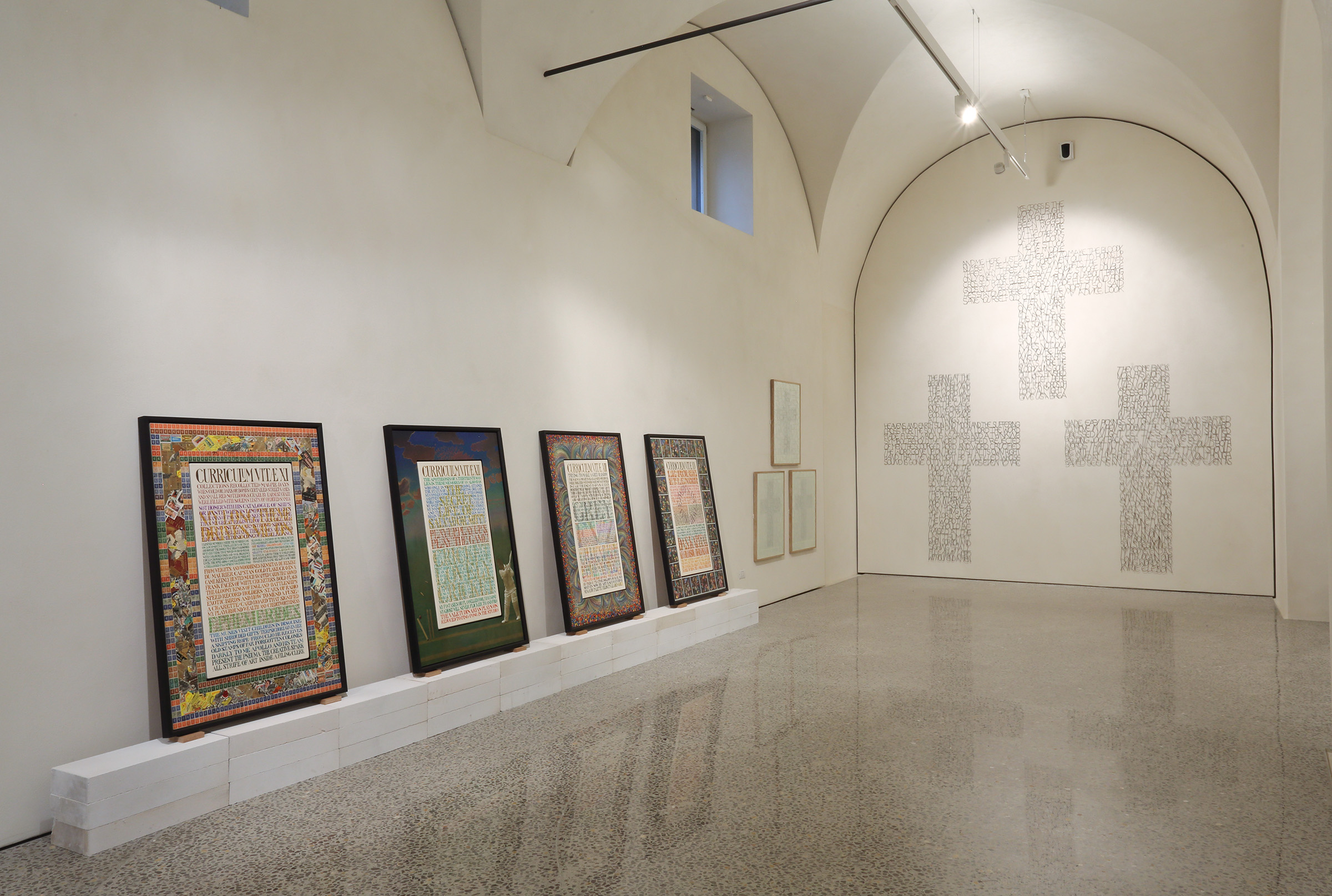 In a room at Palazzo Butera devoted to the British artist Tom Phillips are the 20 panels - four of which are seen here - that make up Curriculum Vitae, a work created over seven years from 1986 to 1992. Alongside them are The three crosses, 1996-97