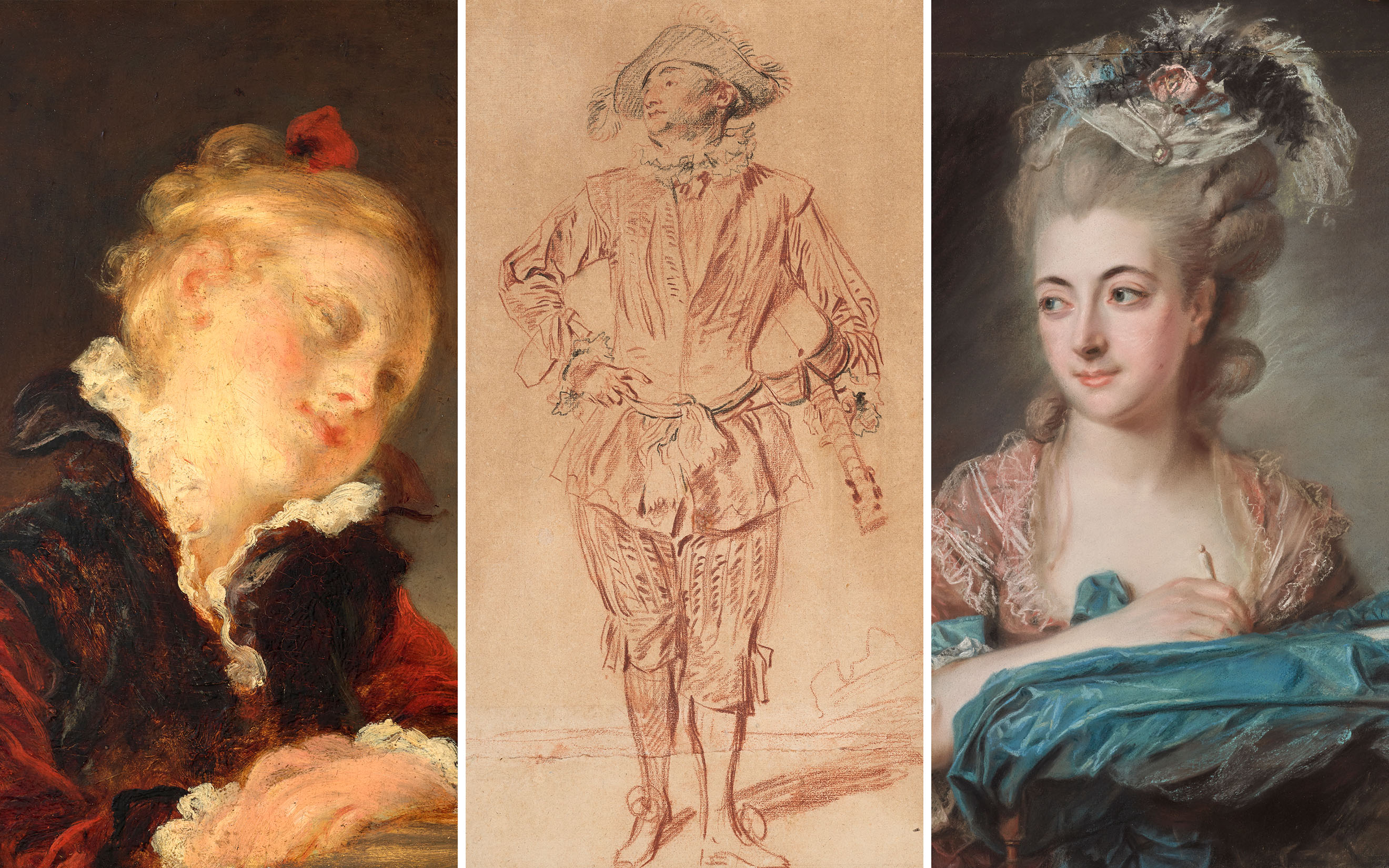 From left, Jean-Honore Fragonard, The Little Coquette, or The Lorgneuse; Antoine Watteau, Standing man holding a guitar under his left arm; Marie-Suzanne Roslin, Portrait of Madame Hubert Robert (1745-1821), born Anne-Gabrielle Soos, all offered in Chefs-d'oeuvre de la collection Veil-Picard on 25 March 2026 at Christie's in Paris