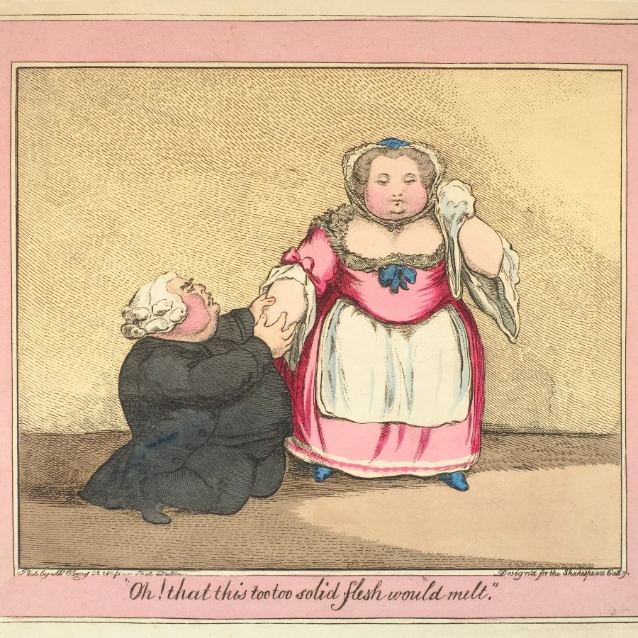 A man in black kneels, holding the hand of a woman in a pink dress with a white apron.