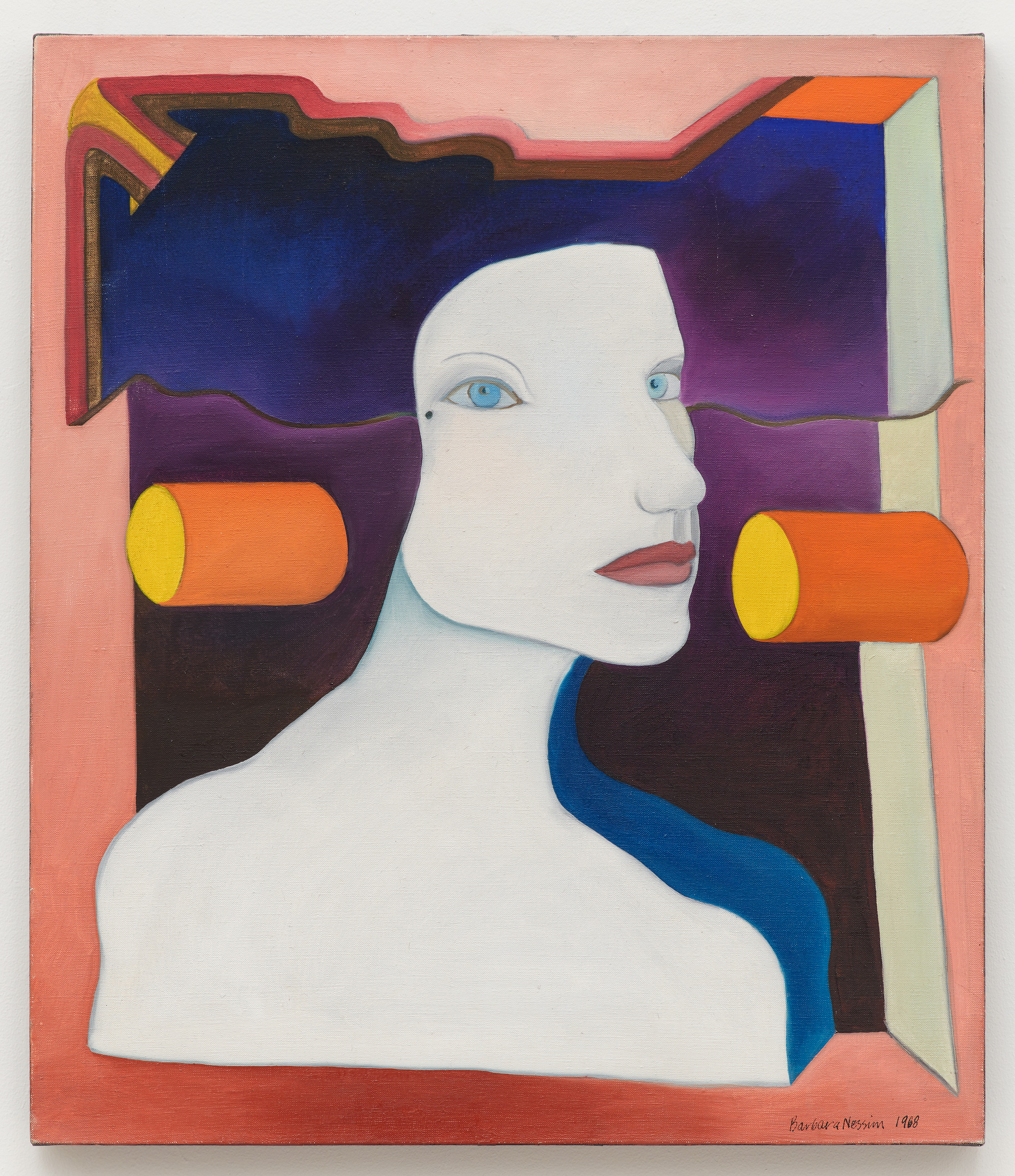 A surreal portrait of a woman with pale skin and blue eyes, framed by abstract geometric shapes.