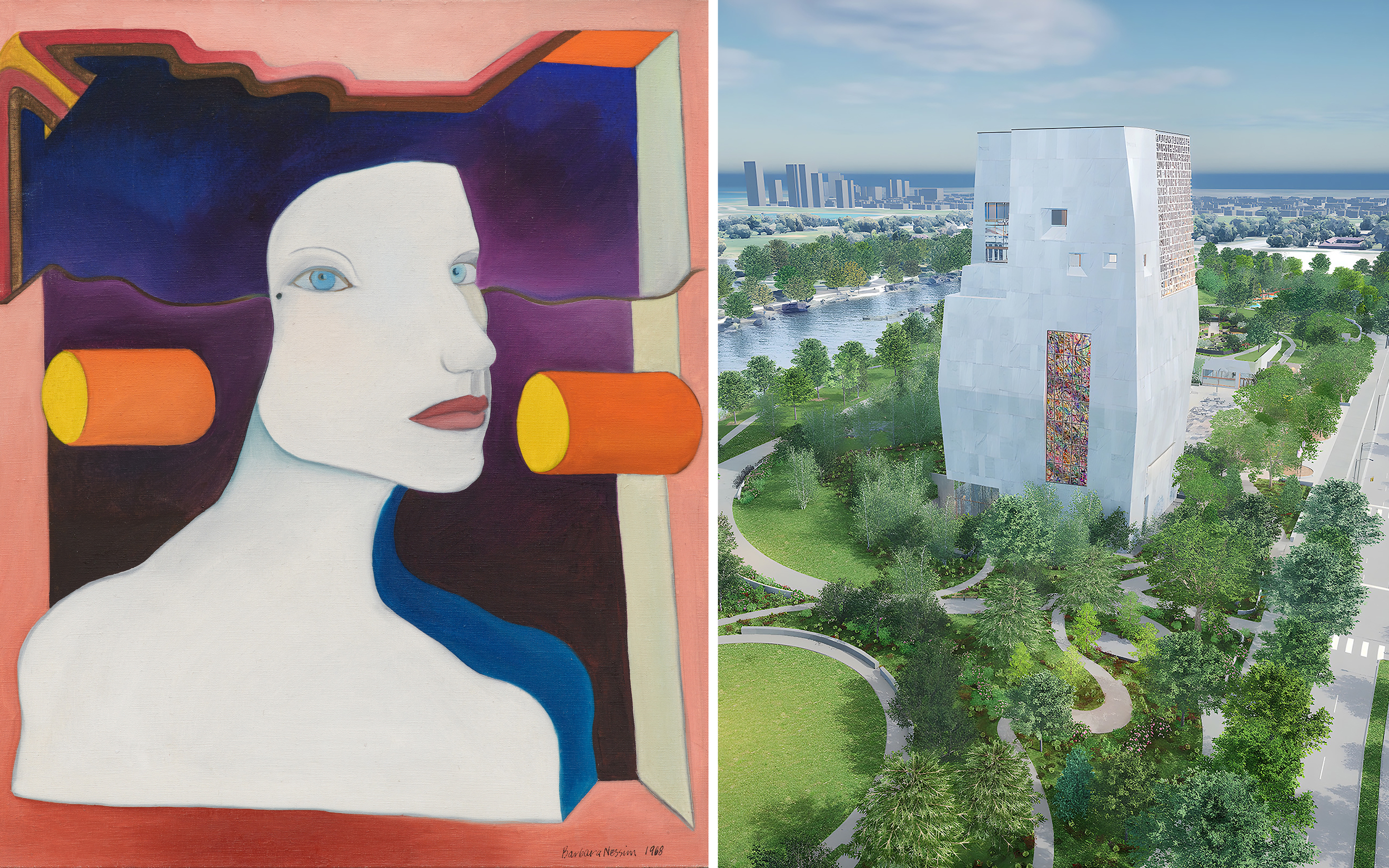 A surreal portrait painting is shown beside a modern white tower building in a green park setting.