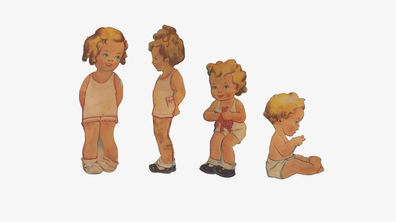 Four vintage paper doll cutouts of children are shown in various standing and sitting poses.