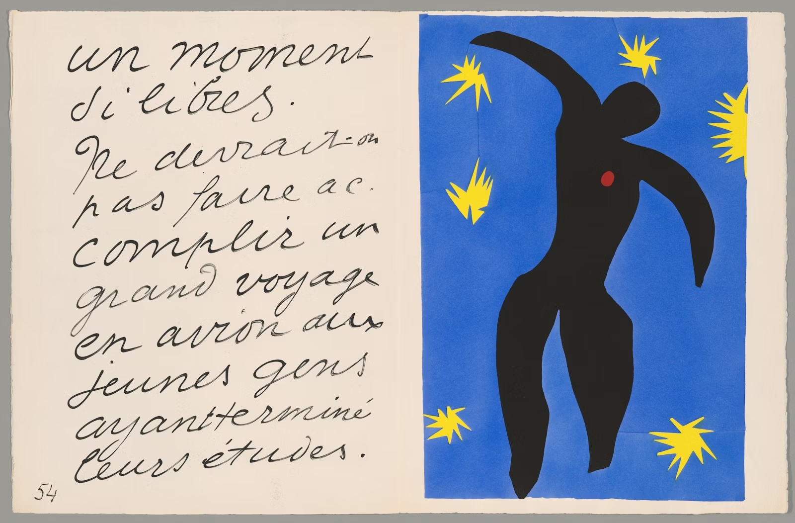 Abstract black silhouette dancing surrounded by yellow stars on a blue background, text on left.