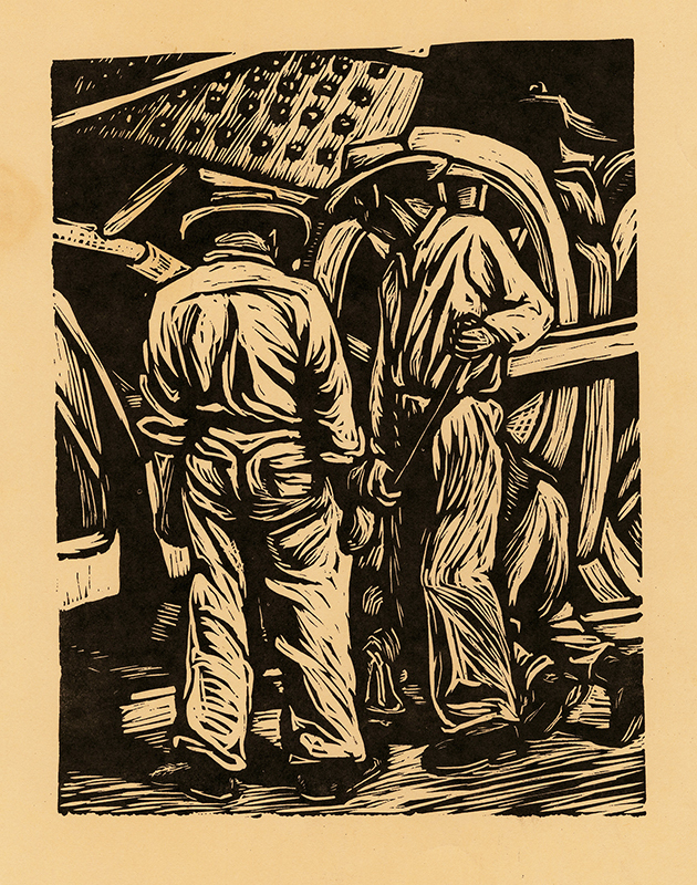 Two workers in hats stand beside large machinery in a monochrome, woodcut-style artwork.