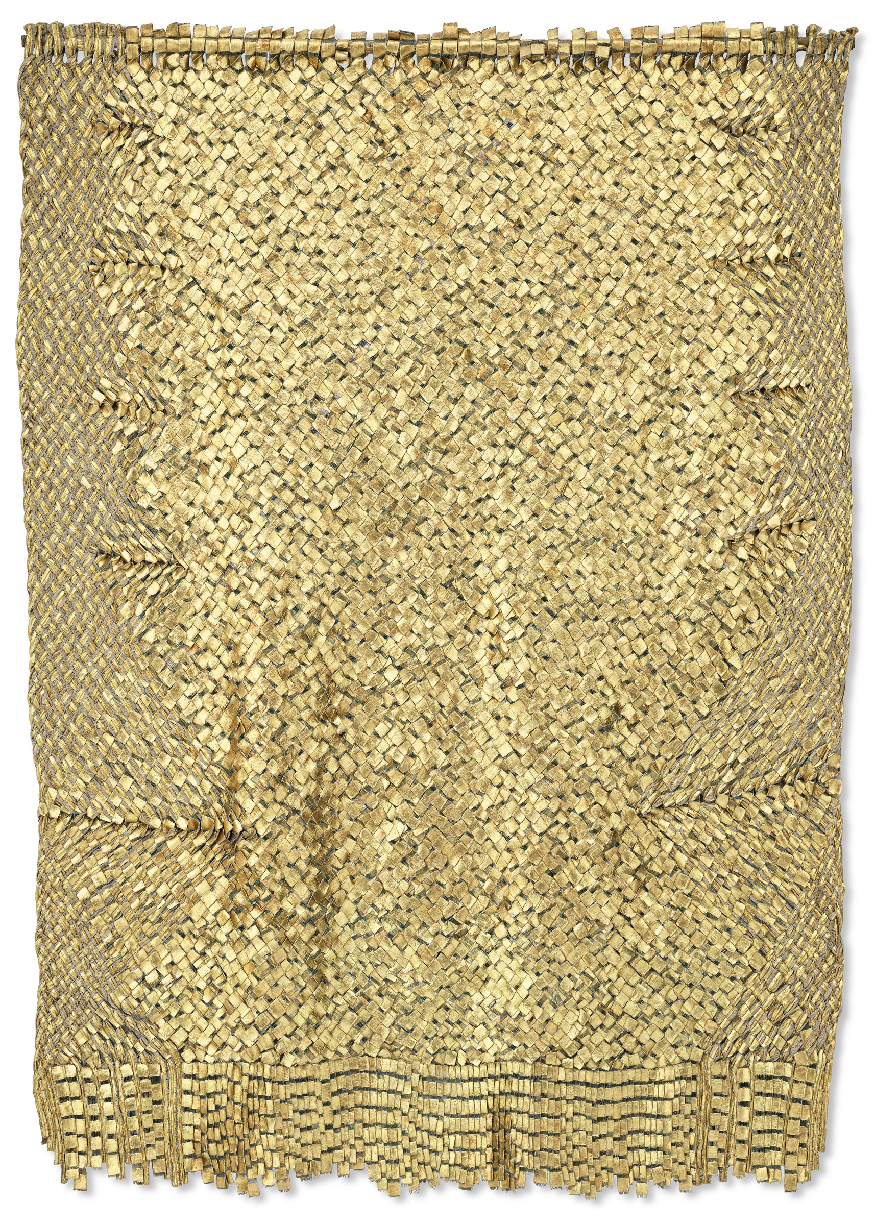 A woven golden metallic textile featuring a grid-like pattern and fringed edges.