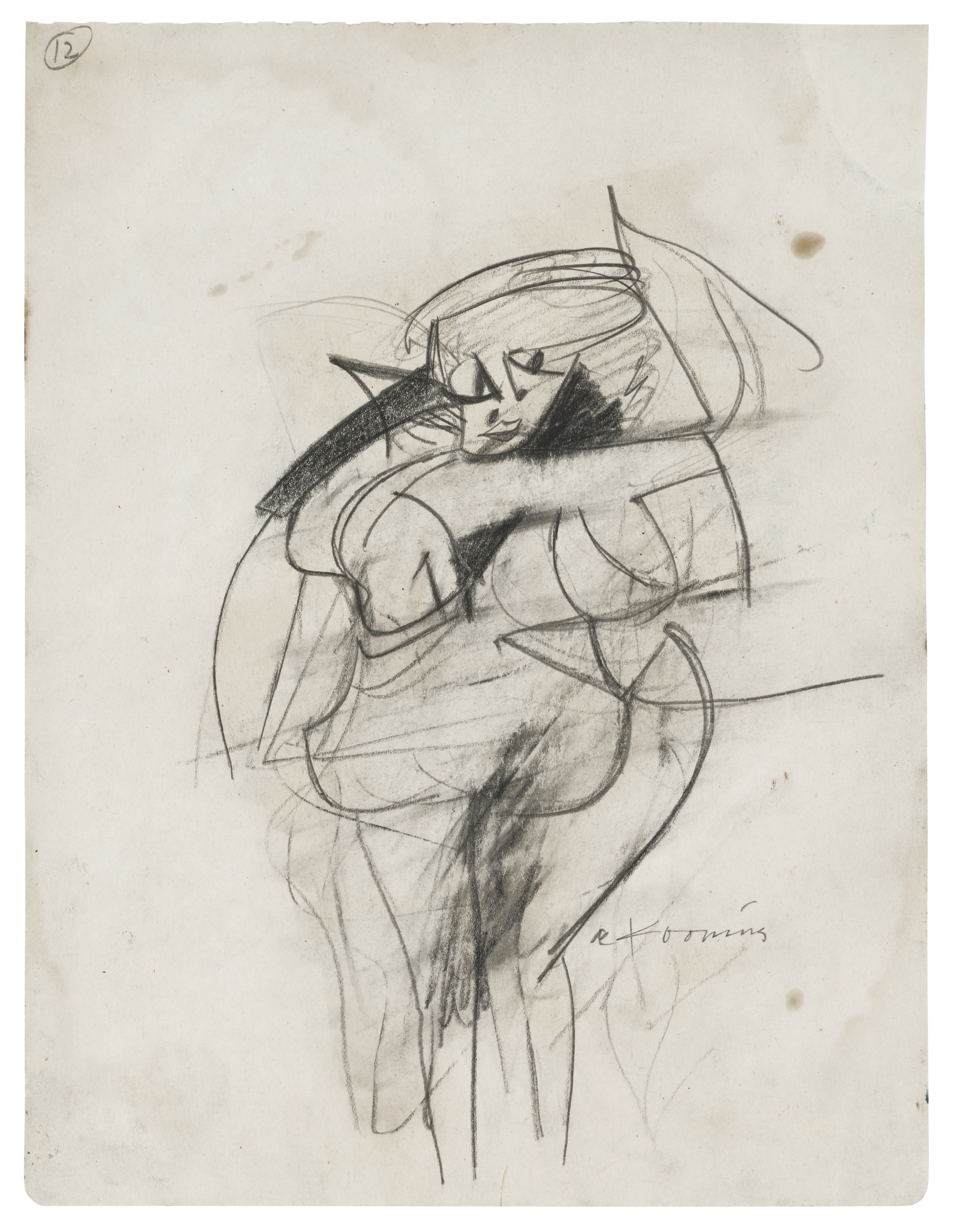 A sketchy abstract drawing of a person with bold lines and geometric facial features.