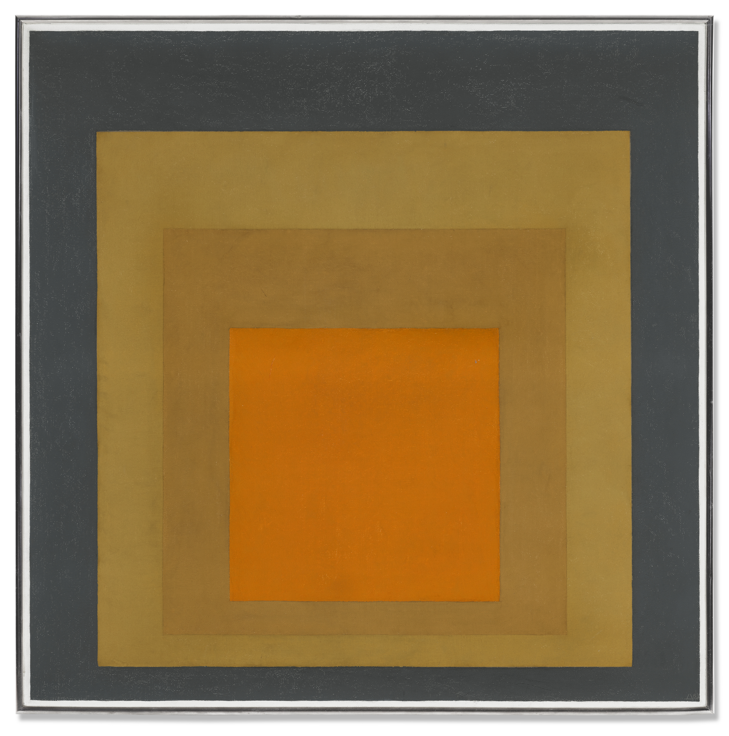 A painting with concentric squares in gray, ochre, brown, and orange tones.