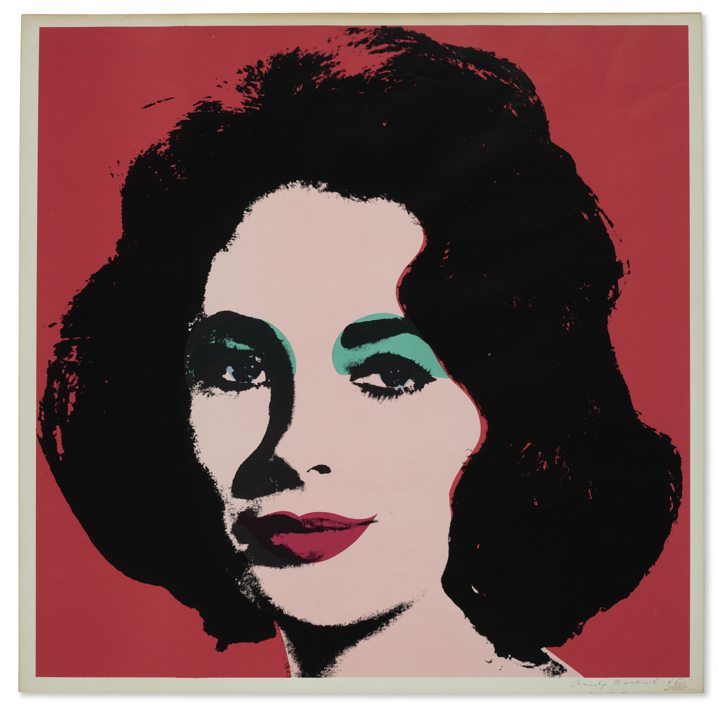 A pop art portrait features black hair against a red background with visible signature at the bottom.