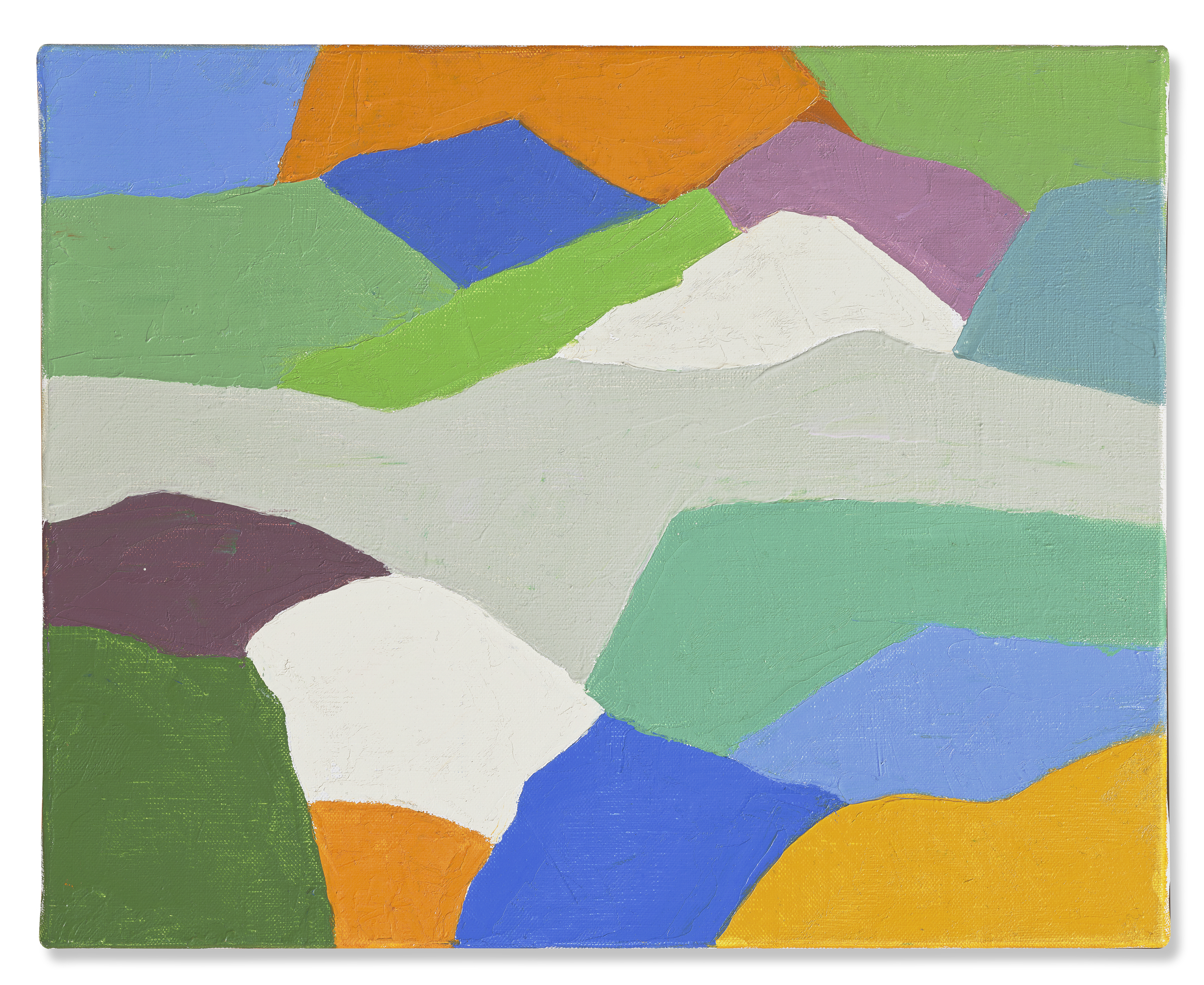Abstract painting with colorful, irregular shapes in green, blue, orange, purple, and white.