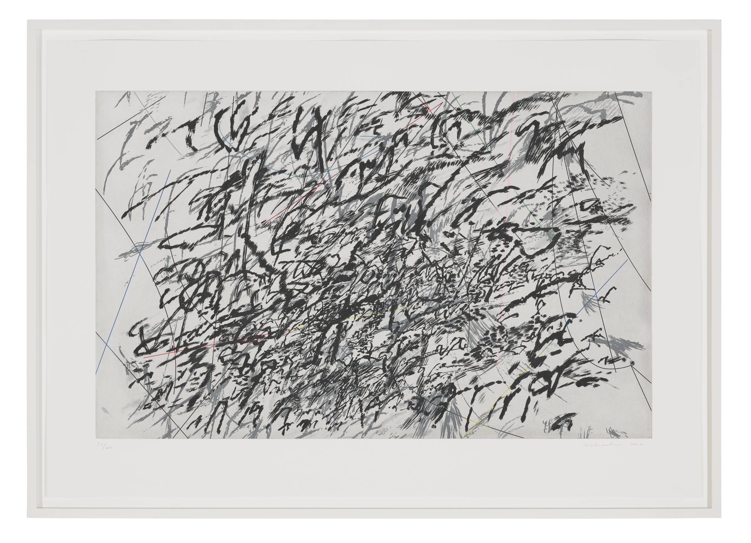 Abstract black scribbles and lines cover a white background, framed in a white mat and frame.