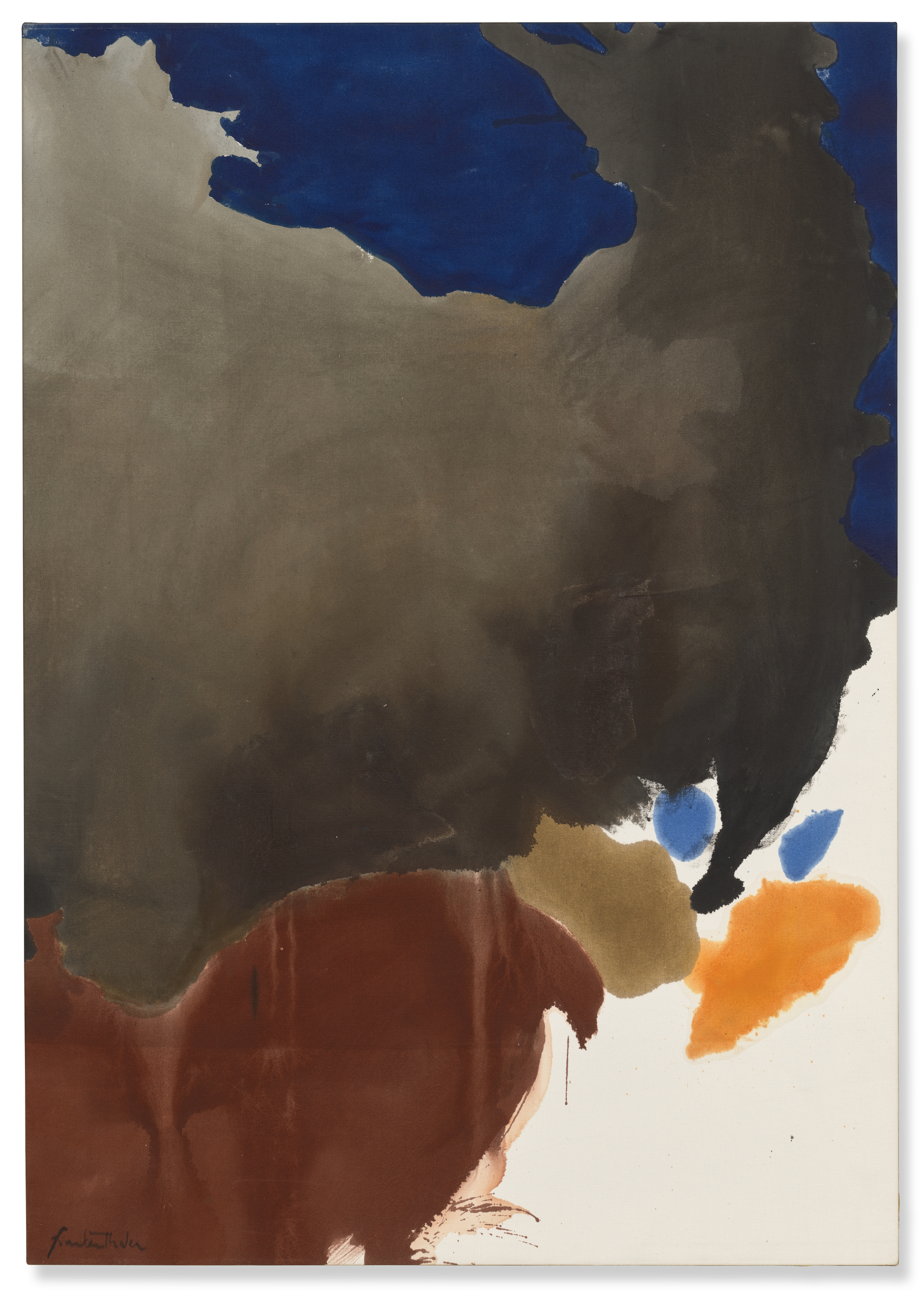 Abstract painting featuring large, overlapping areas of blue, brown, black, orange, and beige.