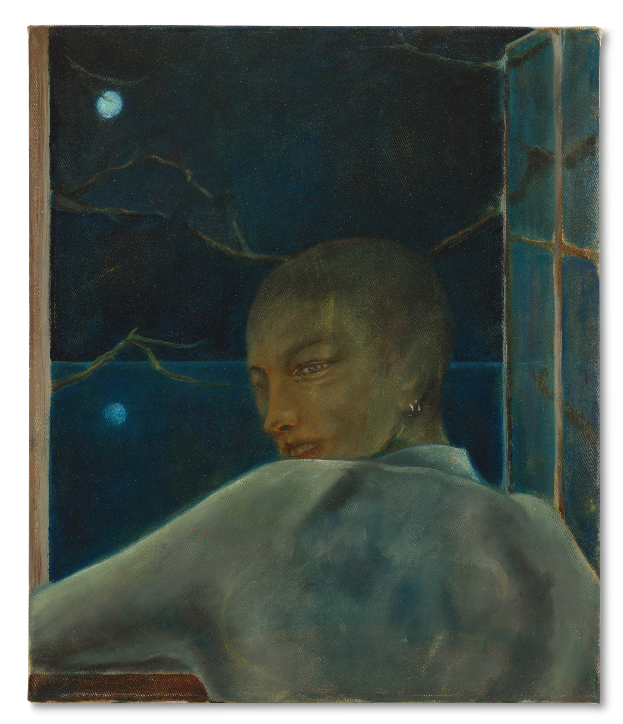 A person in a gray shirt looks out a window at a dark, moonlit night with bare branches.