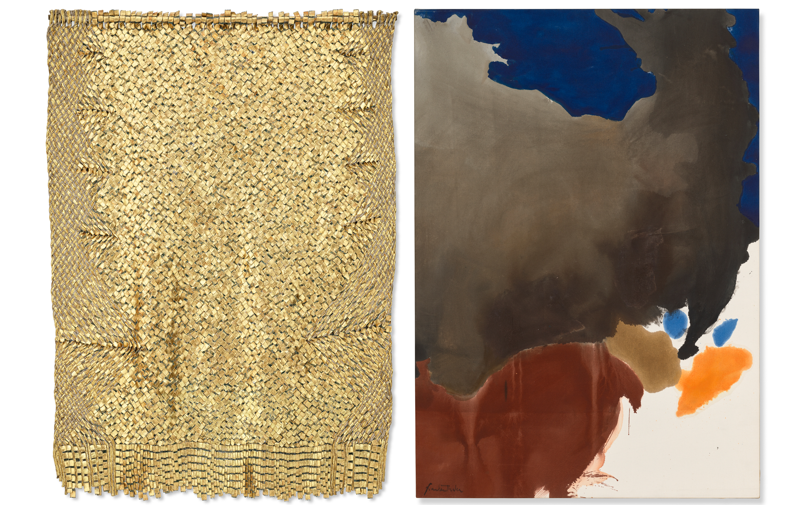 The image shows a gold woven textile on the left and an abstract painting with bold colors on the right.