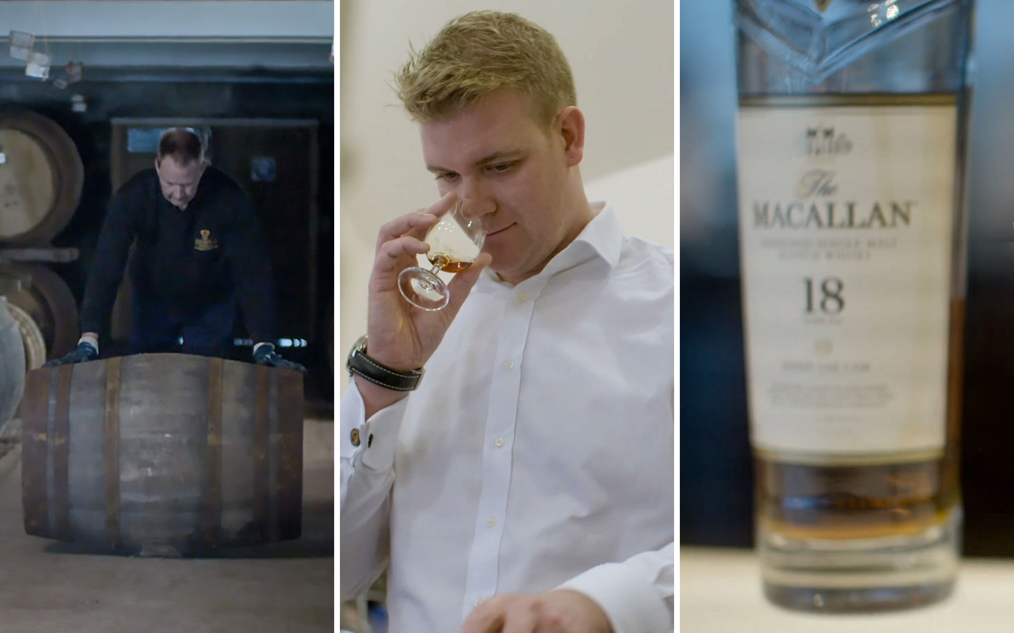 The image shows a whisky barrel, a person sniffing a drink, and a bottle of Macallan 18 whisky.