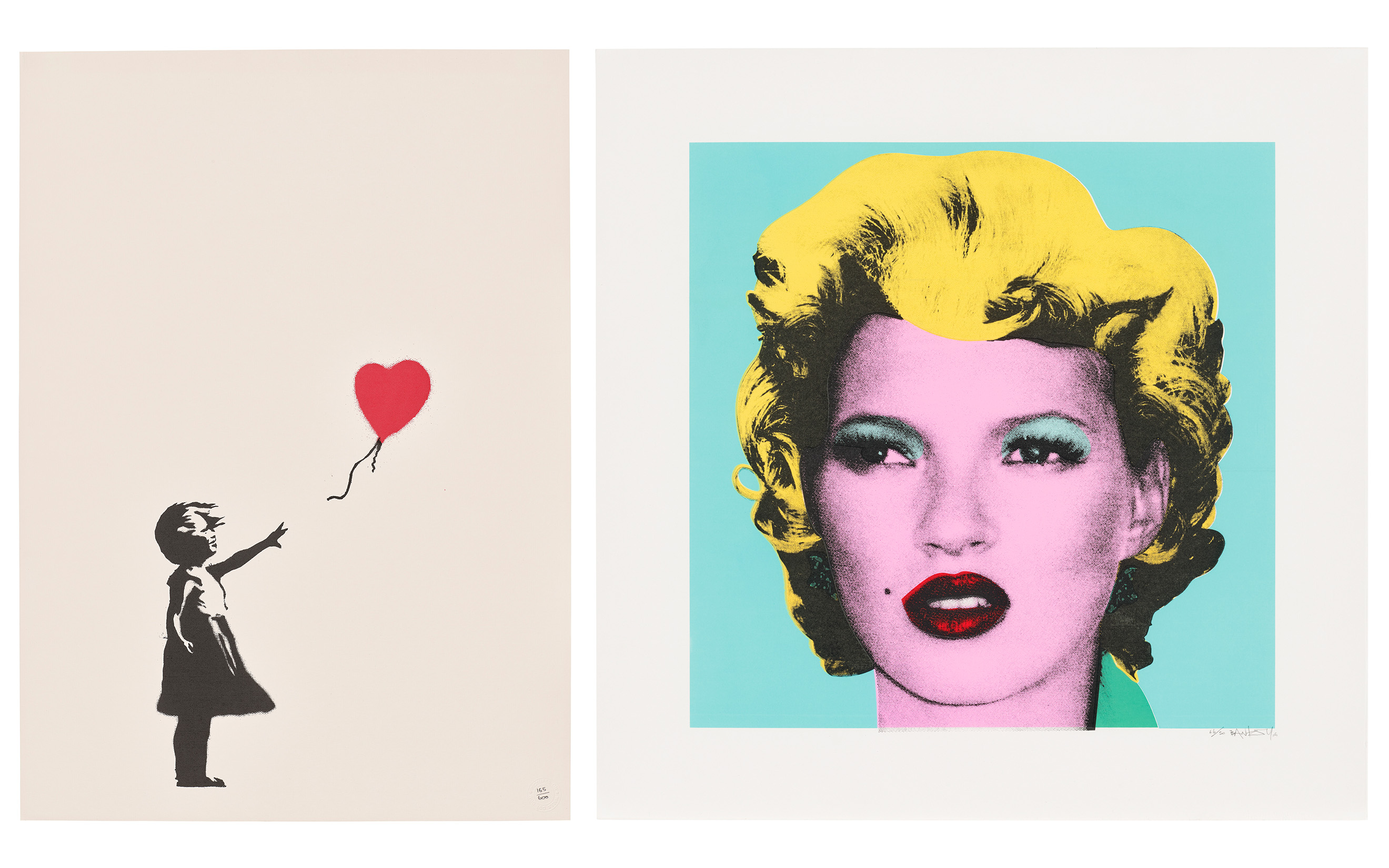 Left: Banksy, Girl with Balloon, right: Kate Moss (Original Colourway). Both offered in Contemporary Edition: London, until 31 March 2026 at Christie's Online