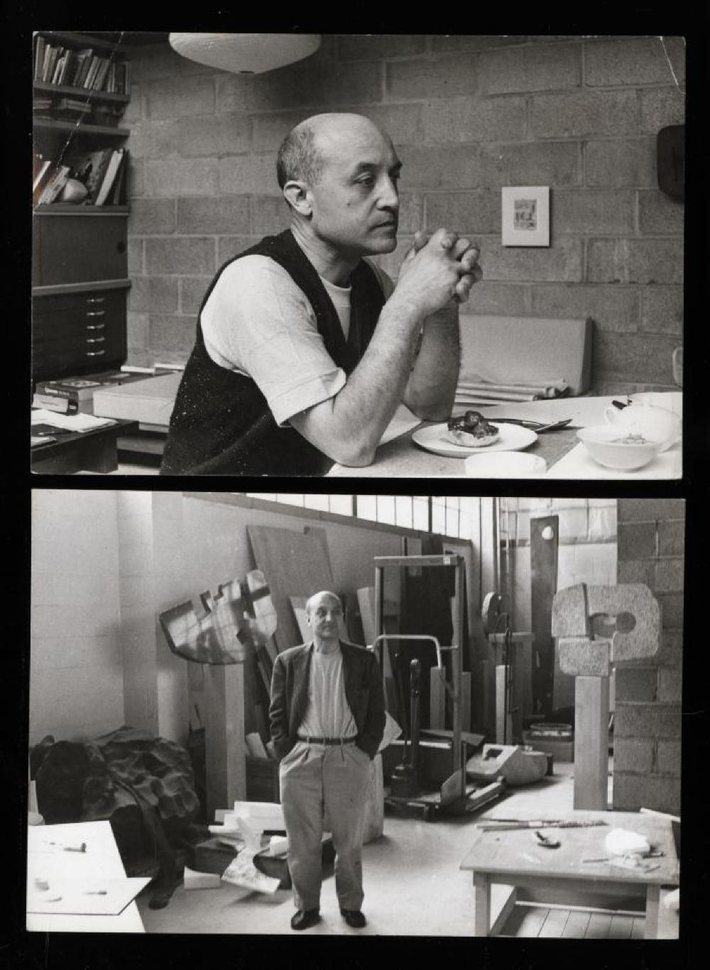 The image shows a person sitting at a table in an office and standing in an art studio with sculptures.