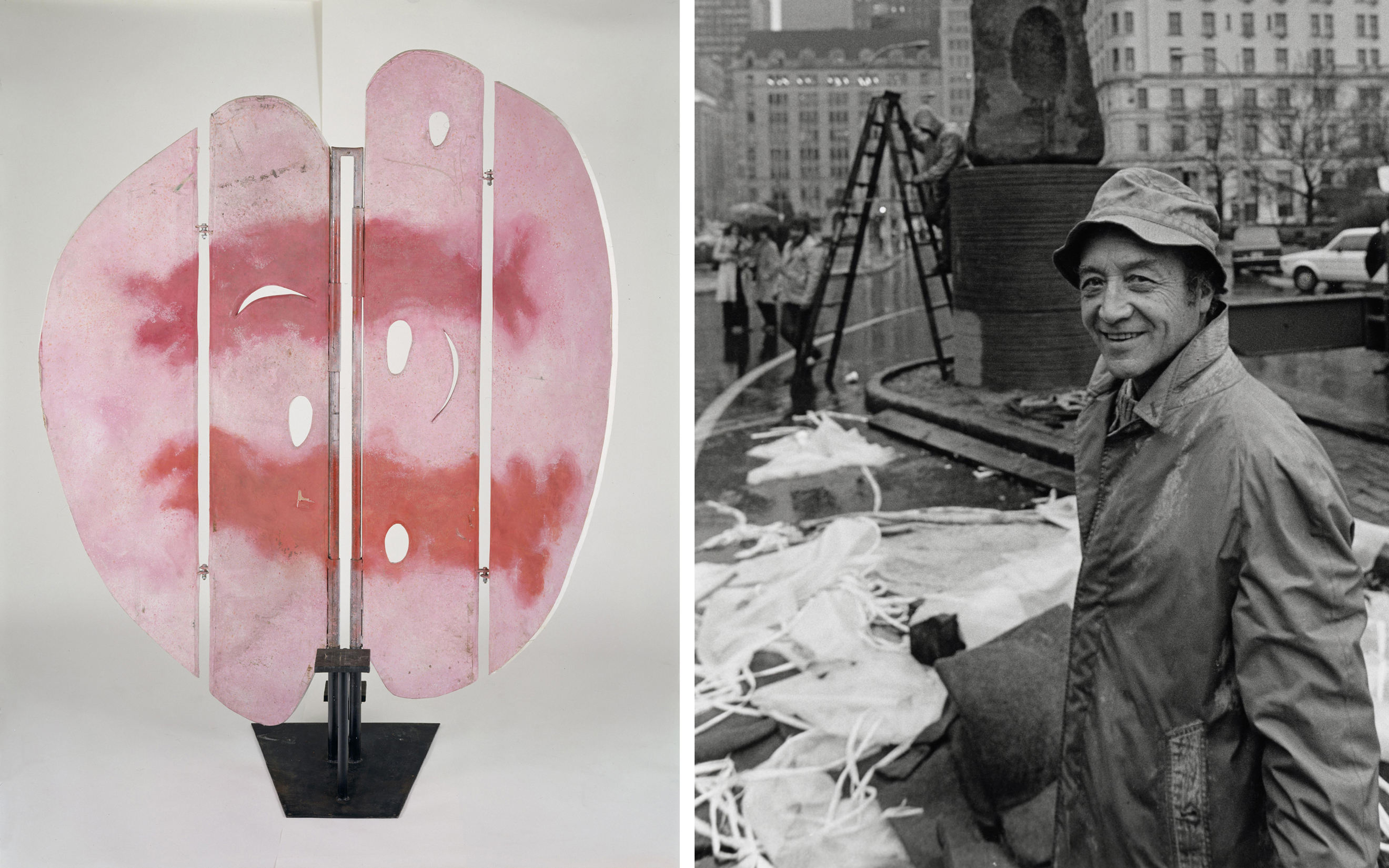 The image shows a pink abstract sculpture on the left and a city scene with workers and a monument on the right.