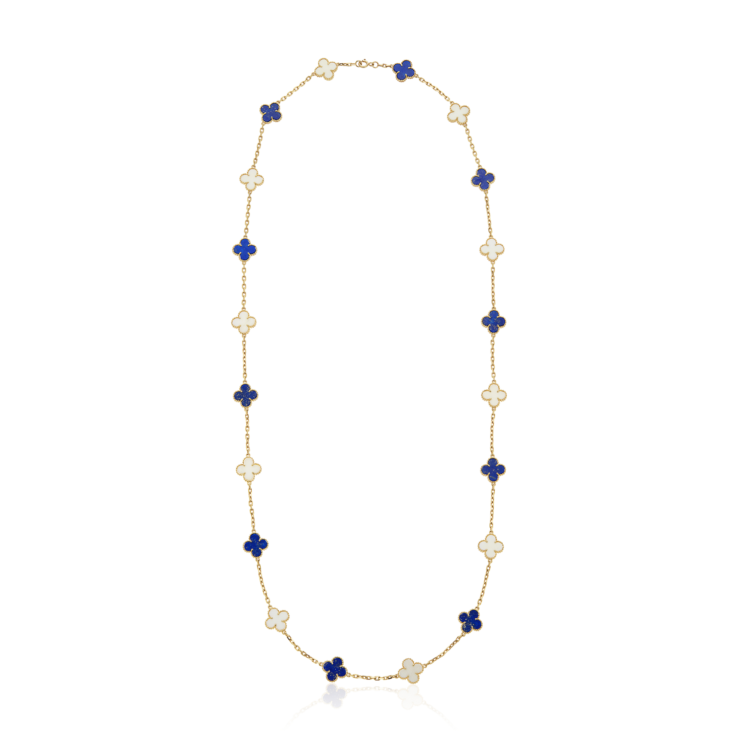 A gold necklace with alternating blue and white four-leaf clover-shaped pendants.