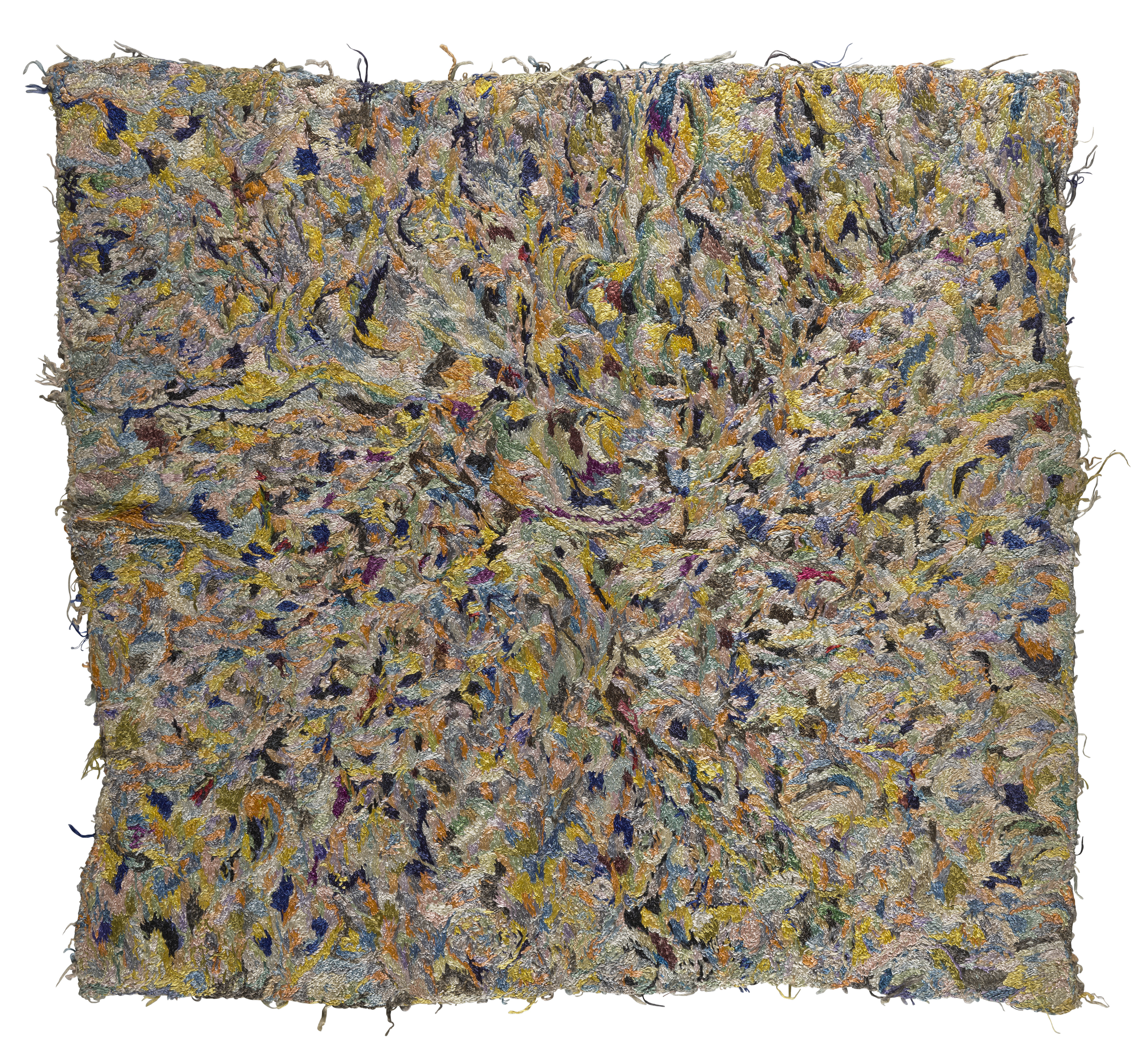 A textured and colorful abstract square artwork with swirling patterns and threads.