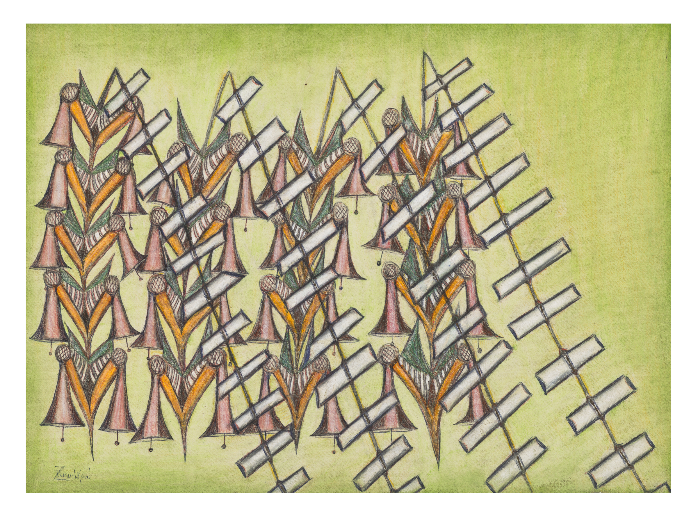 Abstract figures and geometric shapes form a complex pattern on a green background.