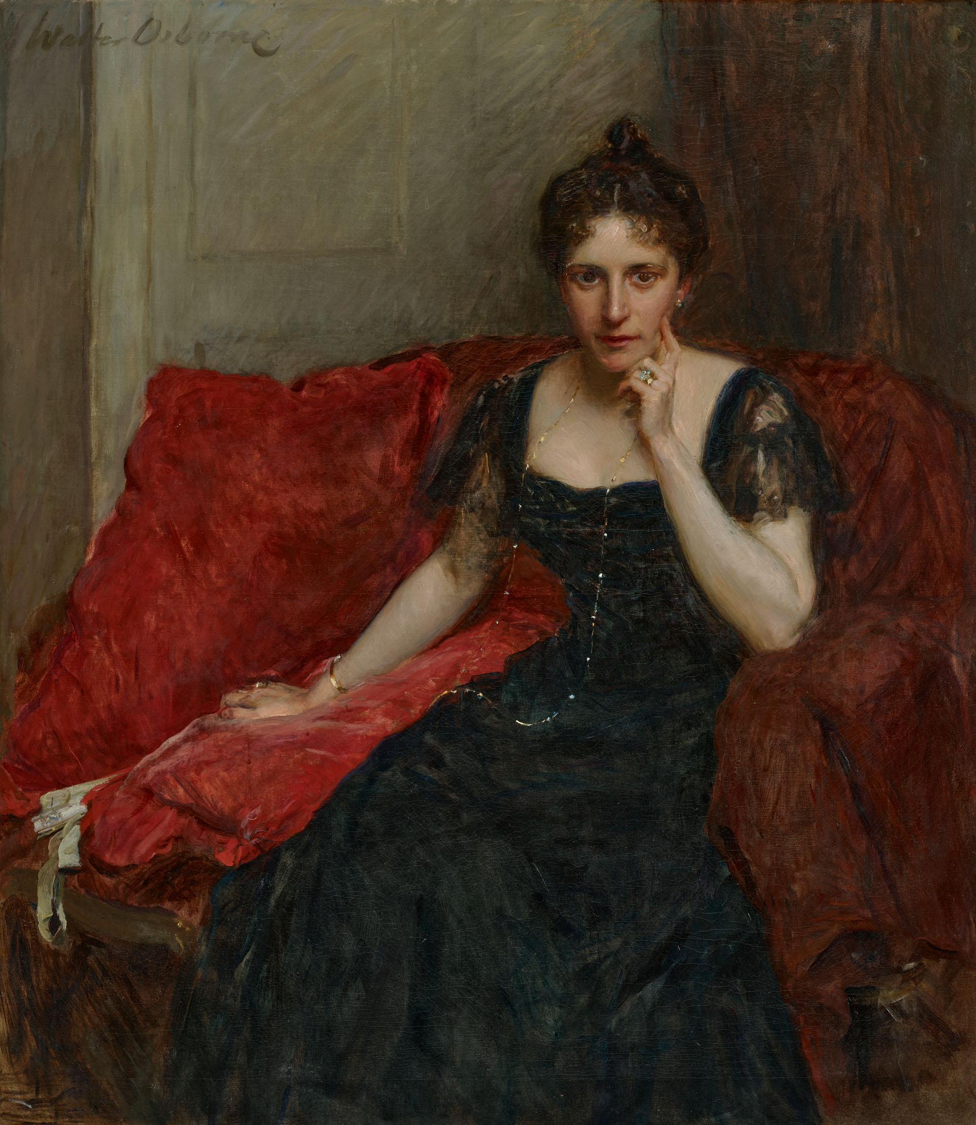 Walter Frederick Osborne, Portrait of Mrs Meade, seated, three-quarter-length, in a black dress, offered in Collections: Including Ardbraccan House, Ireland and a Sicilian Palazzo, until 15 April 2026 at Christie's Online