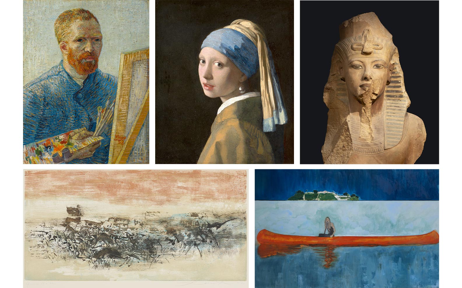 The image shows a collage of famous paintings and a sculpture, each partially blurred on the face area.