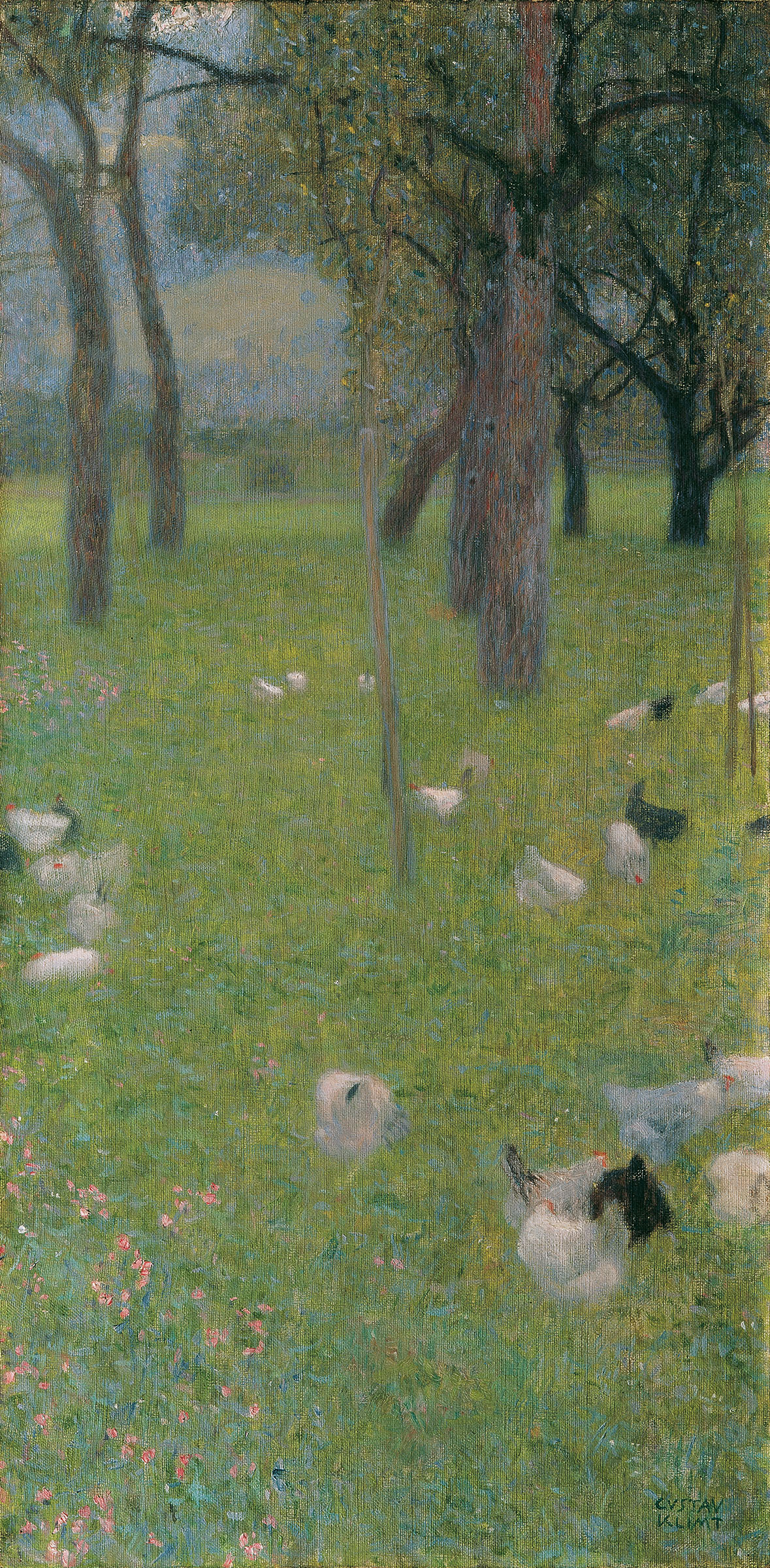 A peaceful green meadow with chickens roaming among tall trees and scattered wildflowers.