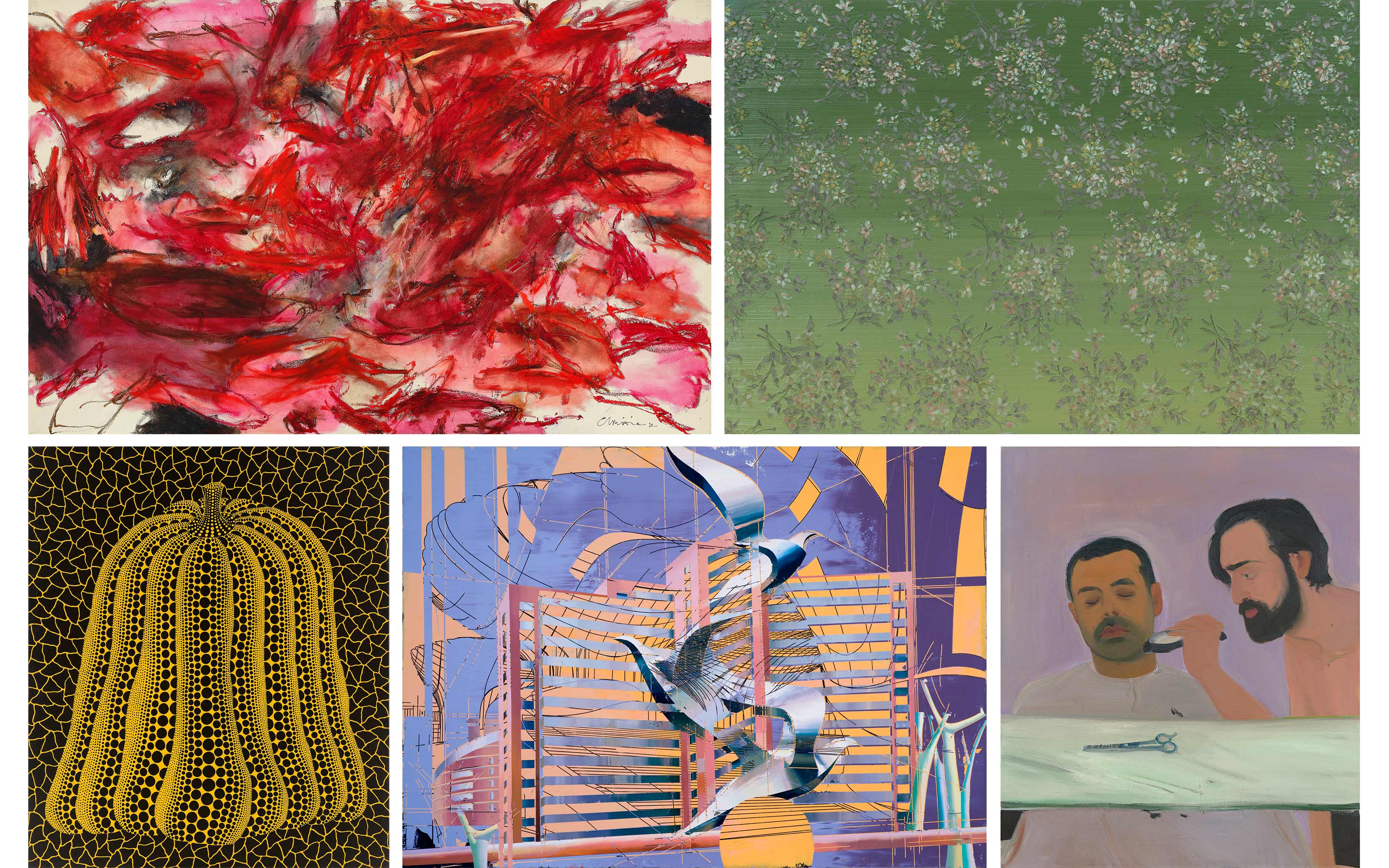 The image features five abstract and modern artworks with various colors and patterns.