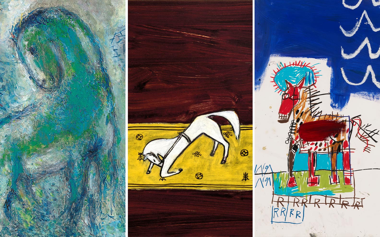 Three abstract paintings of animals in different styles and colors are shown side by side.