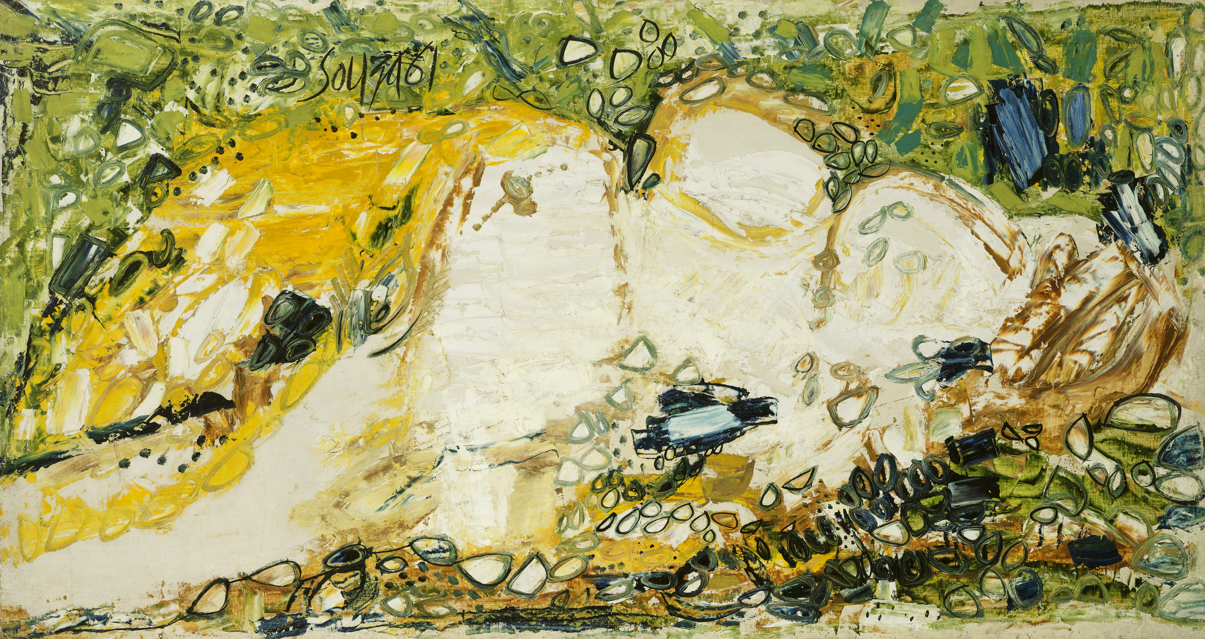 Abstract painting of a reclining figure with yellow, green, and white colors and bold brushstrokes.