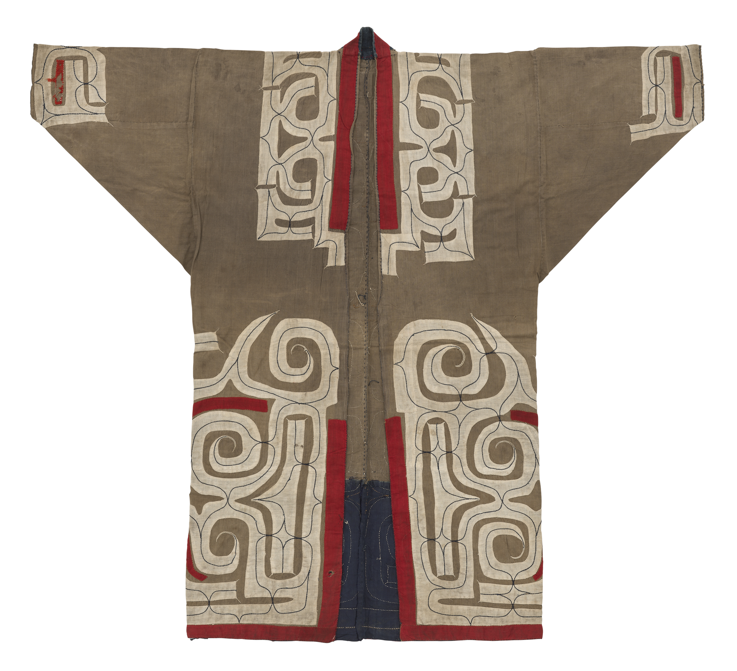A traditional robe with intricate beige and red swirling designs on a brown fabric background.