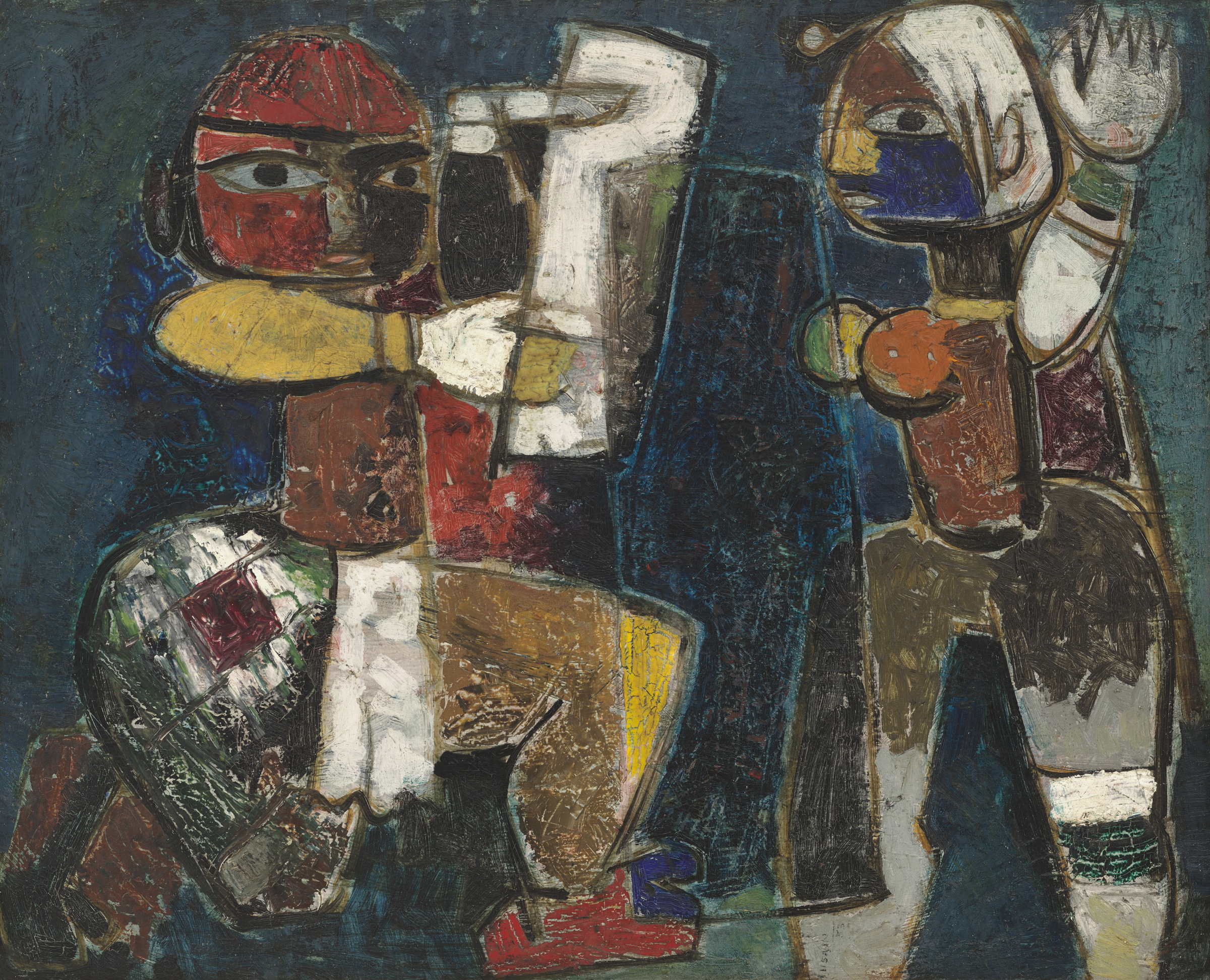 Two abstract figures appear to be interacting against a textured, dark blue background.