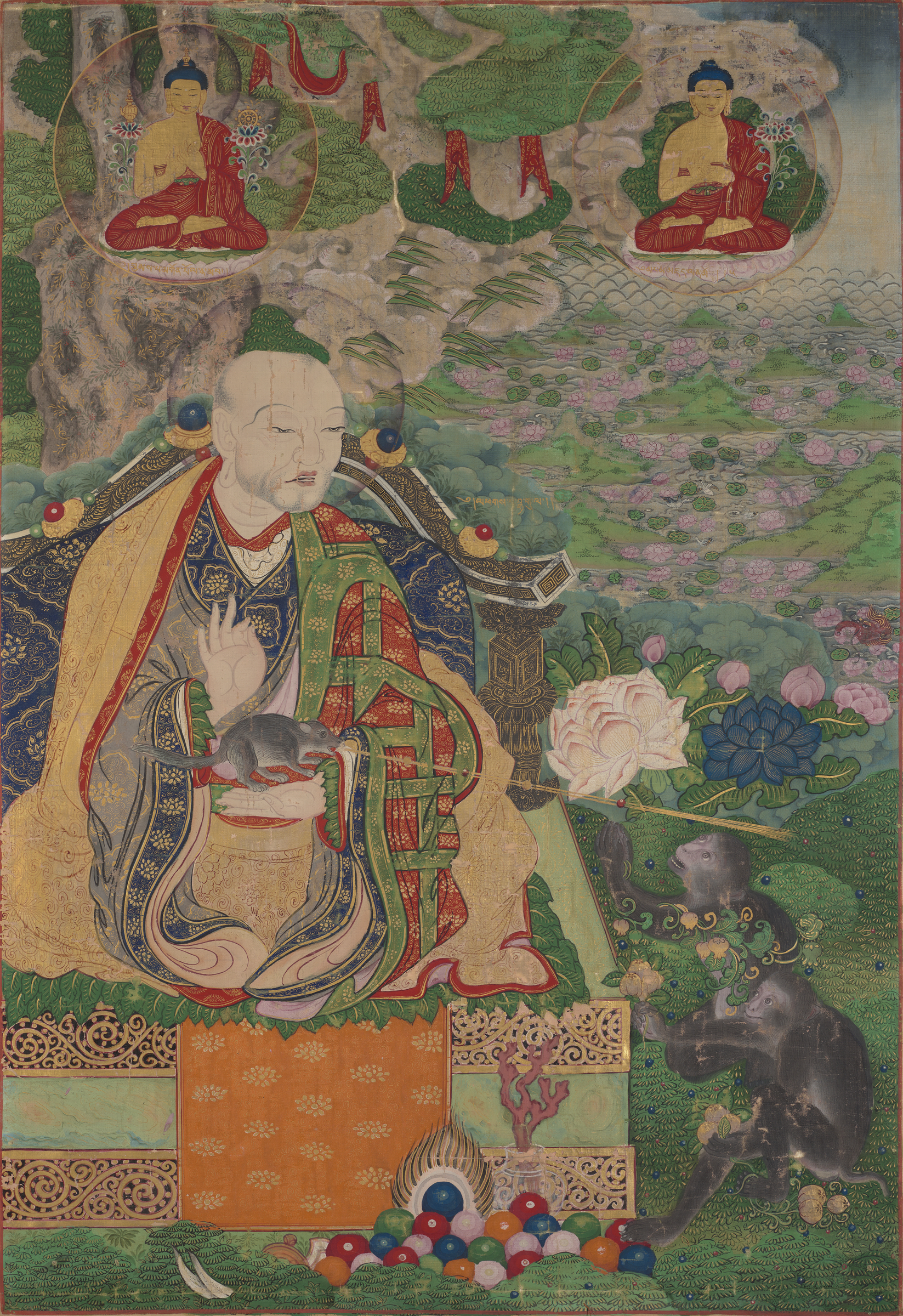 A colorful figure in ornate robes sits on a throne, surrounded by lotus flowers and monkeys.