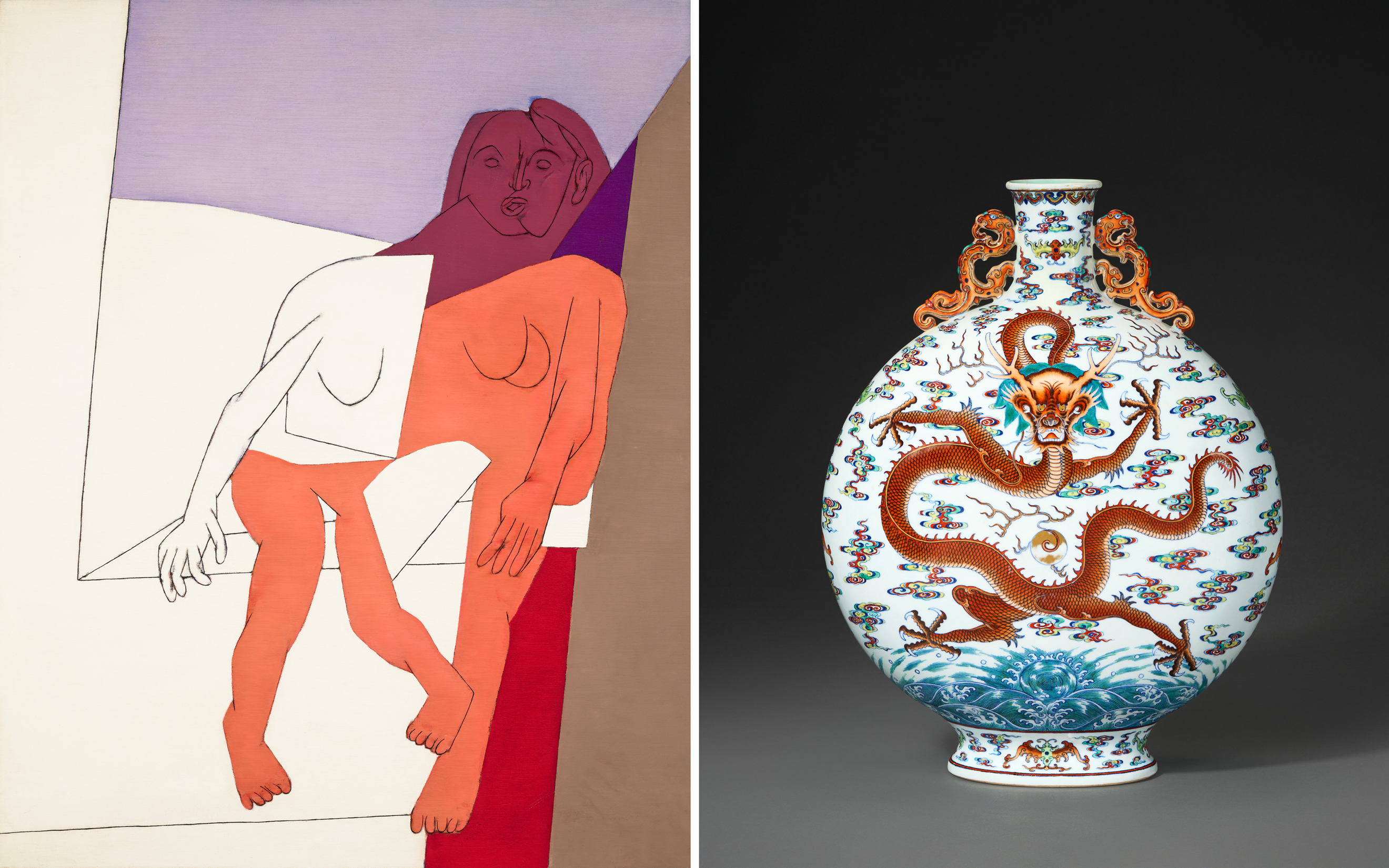 On the left is an abstract nude artwork; on the right is an ornate vase featuring a dragon design.