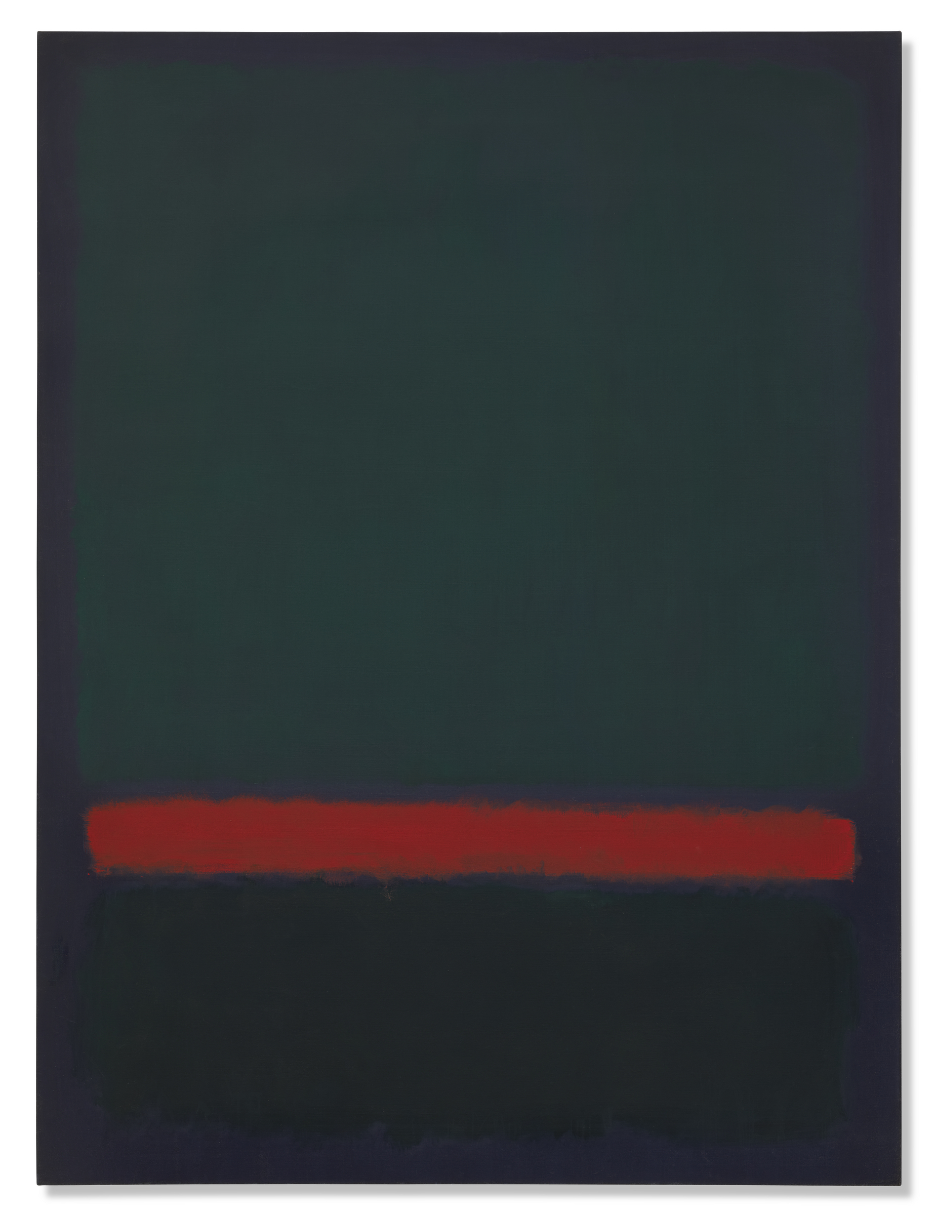 A dark abstract painting with a horizontal red band dividing the upper and lower sections.