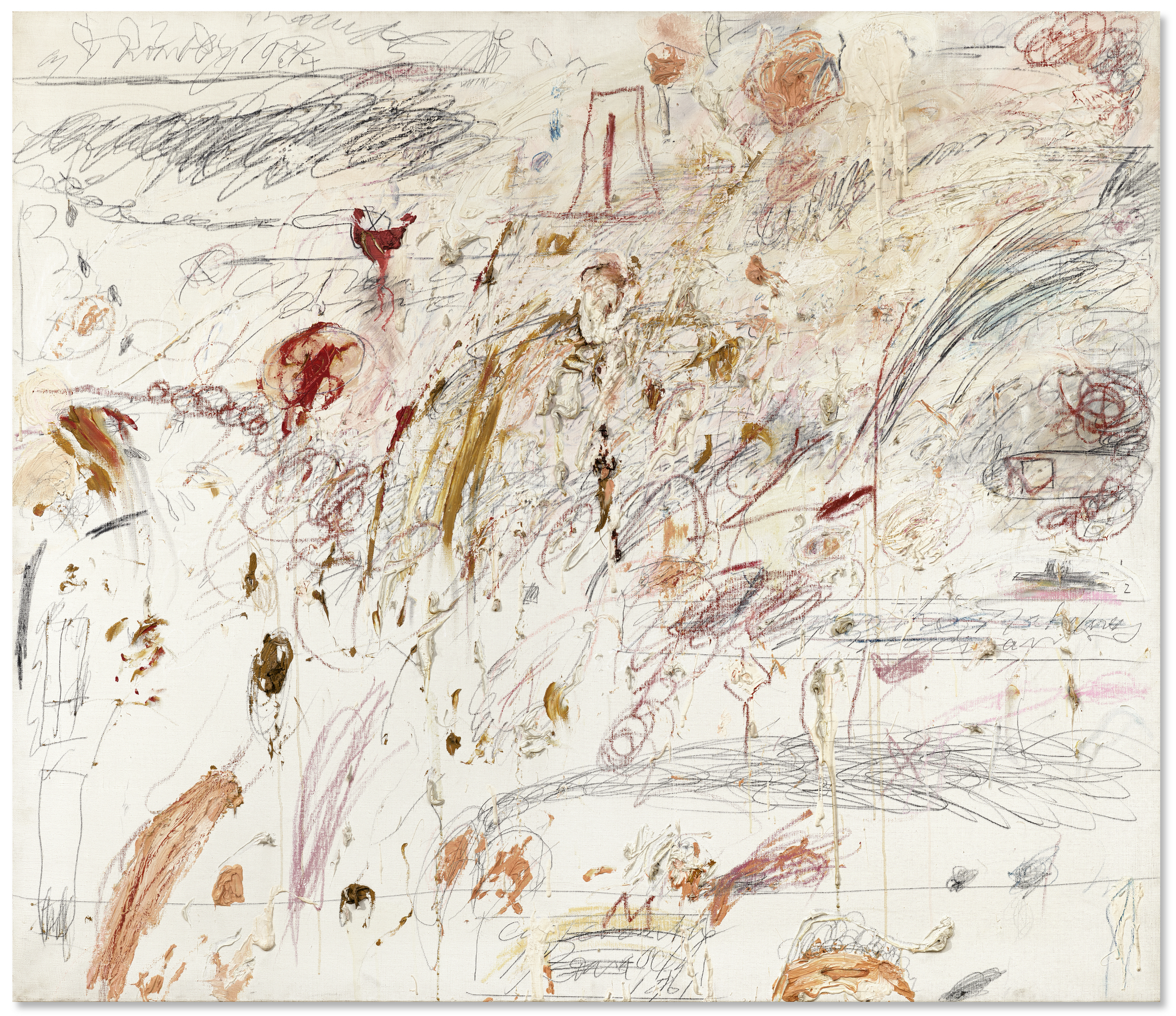 Abstract artwork featuring chaotic scribbles, smudges, and splashes in earthy and muted tones.