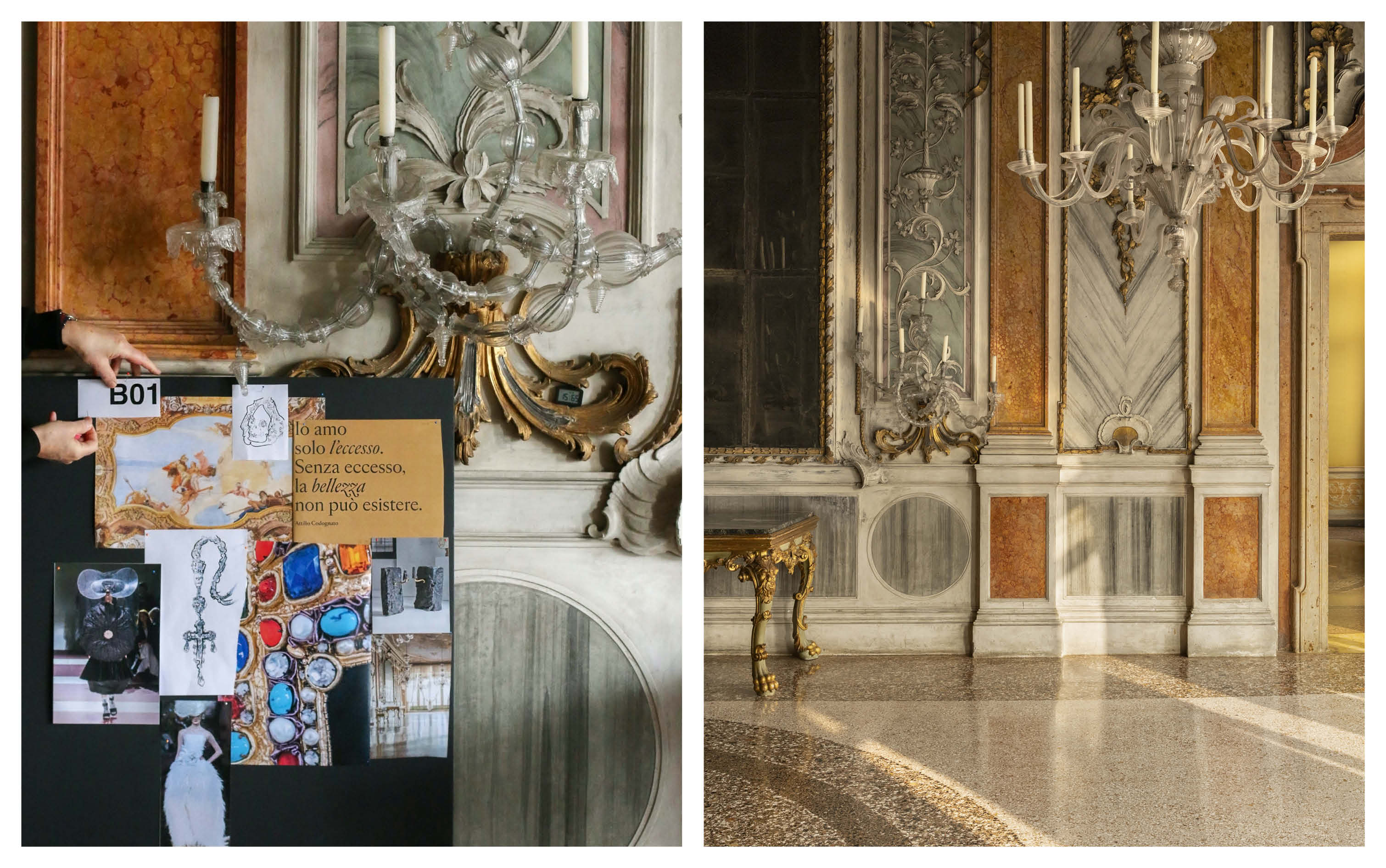 Two ornate rooms with chandeliers, marble walls, and gilded details; one has a moodboard.