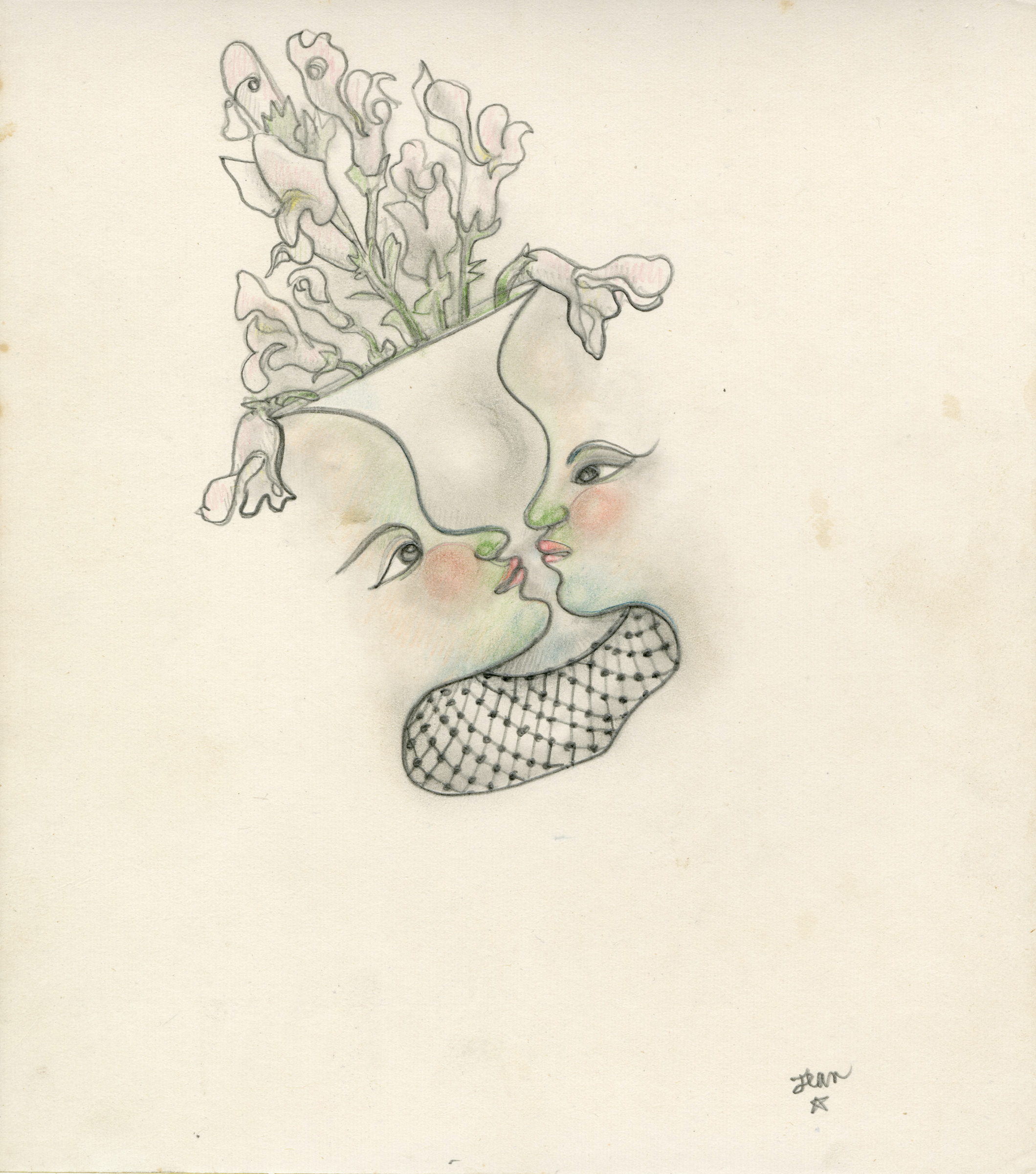 A surreal drawing of two faces kissing, with flowers growing from their heads and a mesh pattern below.